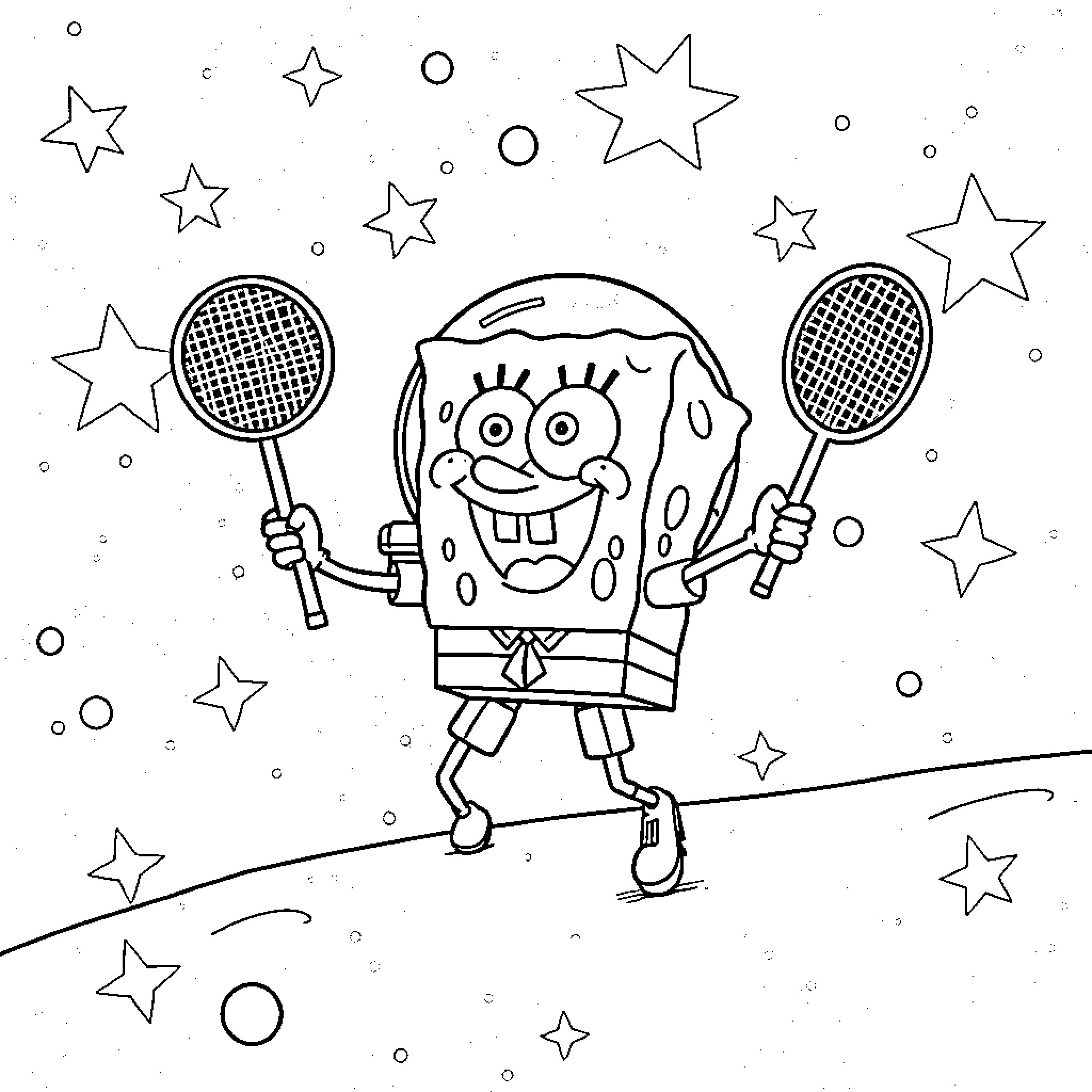Spongebob playing tennis under the starry night Coloring Page (free black-and-white line drawing printable PDF for all, from beginners to advanced learners, including children, teens, adults, and seniors)