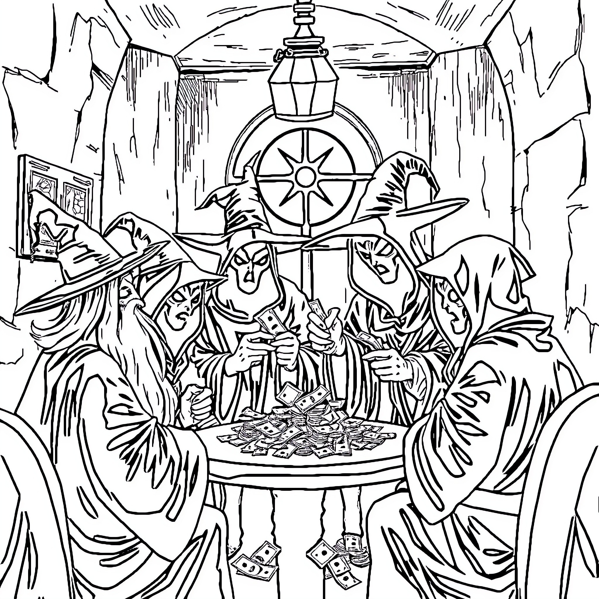 Wizard's Enchanting Gathering in Mystic Cavern Coloring Page (free black-and-white line drawing printable PDF for all, from beginners to advanced learners, including children, teens, adults, and seniors)
