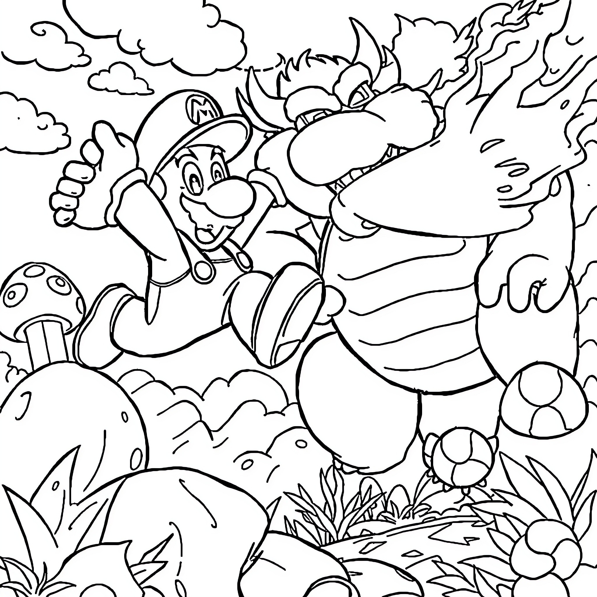 Mario's Adventure in the Mushroom Kingdom Coloring Page (free black-and-white line drawing printable PDF for all, from beginners to advanced learners, including children, teens, adults, and seniors)