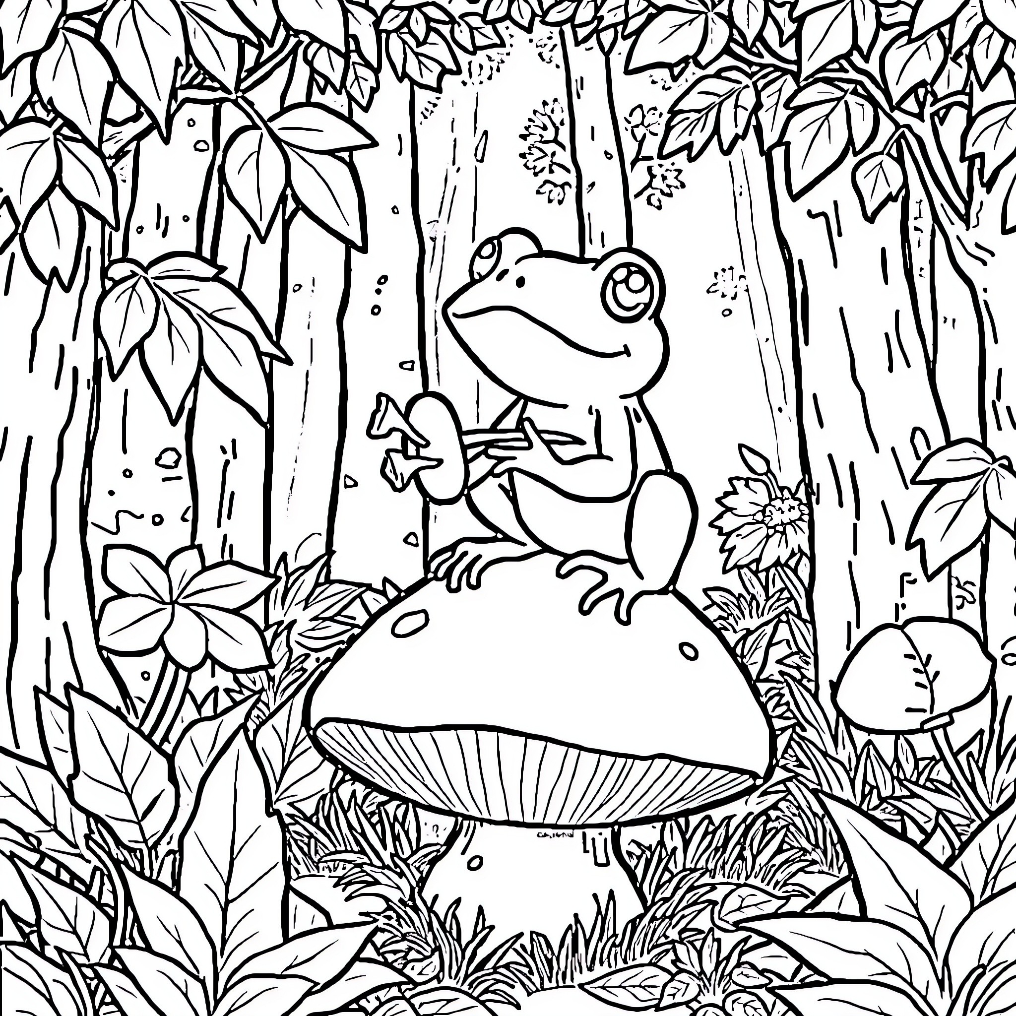 Toad sitting on a mushroom in the forest Coloring Page (free black-and-white line drawing printable PDF for all, from beginners to advanced learners, including children, teens, adults, and seniors)