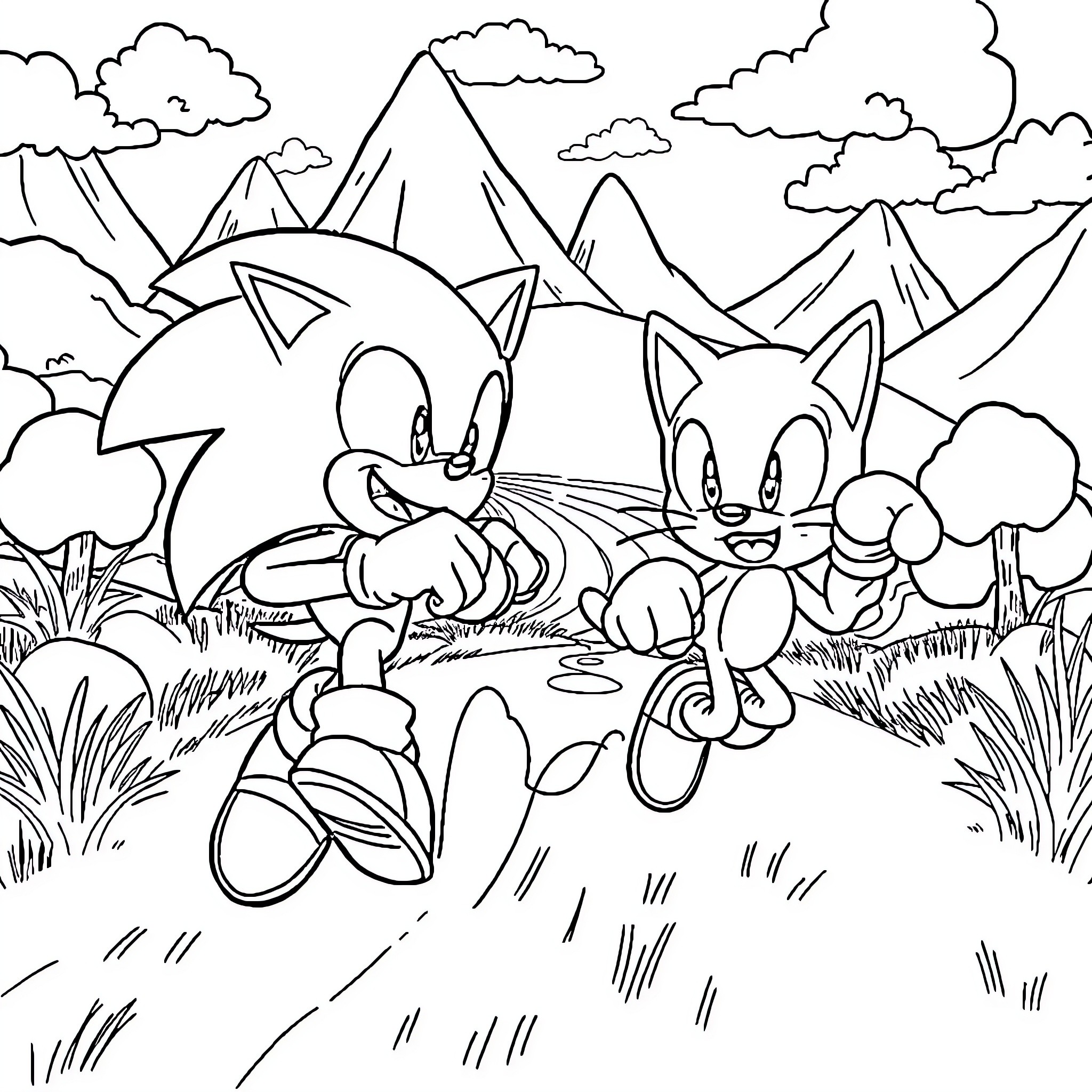 Sonic and Friends Explore the Scenic Landscape Coloring Page (free black-and-white line drawing printable PDF for all, from beginners to advanced learners, including children, teens, adults, and seniors)