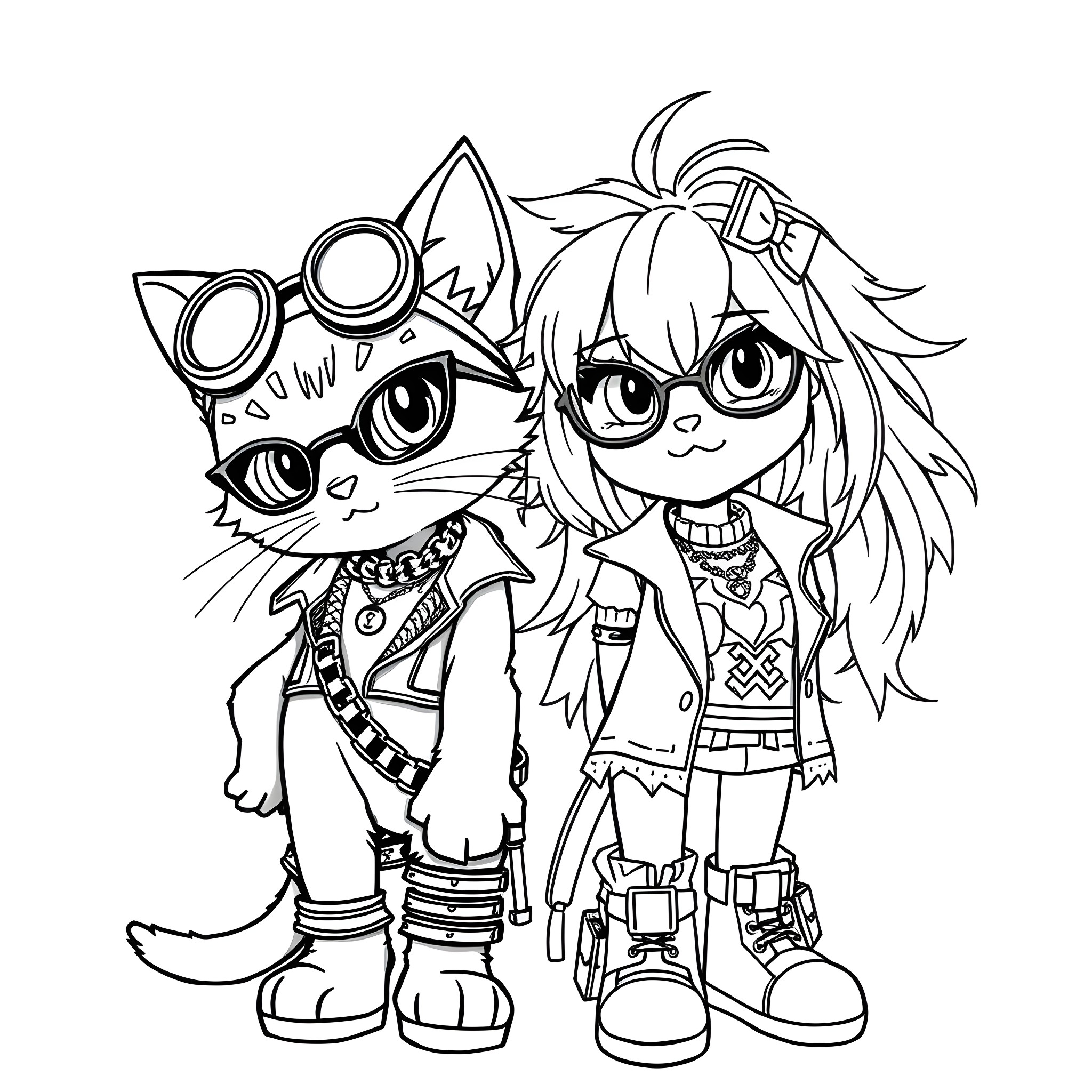 Hello Kitty friends in punk-inspired outfits Coloring Page (free black-and-white line drawing printable PDF for all, from beginners to advanced learners, including children, teens, adults, and seniors)