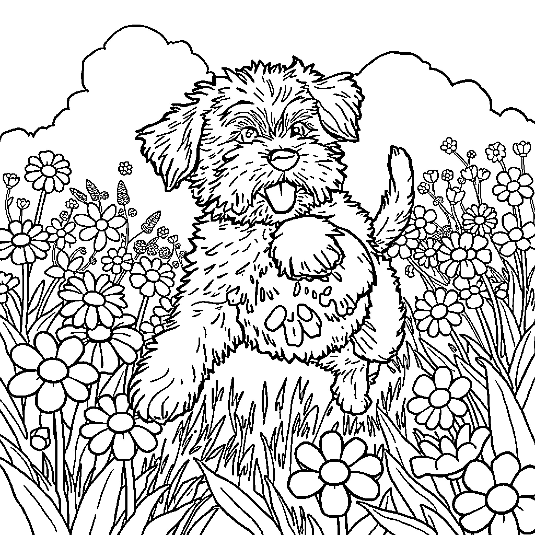 Puppy surrounded by vibrant flowers Coloring Page (free black-and-white line drawing printable PDF for all, from beginners to advanced learners, including children, teens, adults, and seniors)