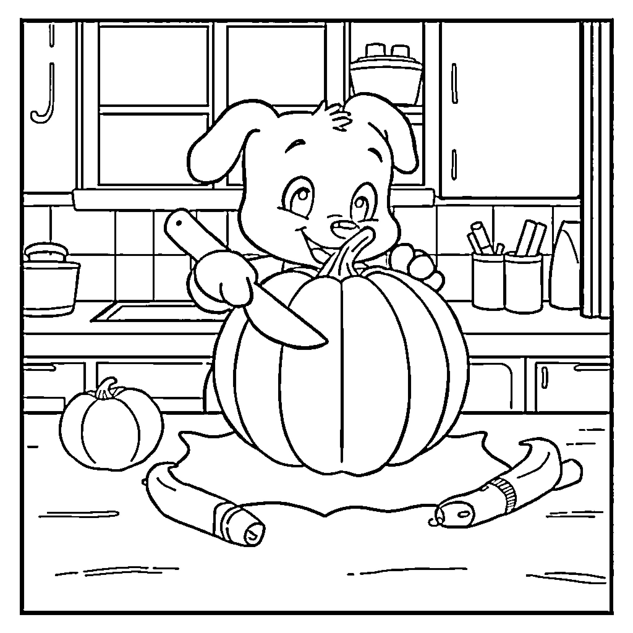 Bluey's Kitchen Adventure with Pumpkins Coloring Page (free black-and-white line drawing printable PDF for all, from beginners to advanced learners, including children, teens, adults, and seniors)