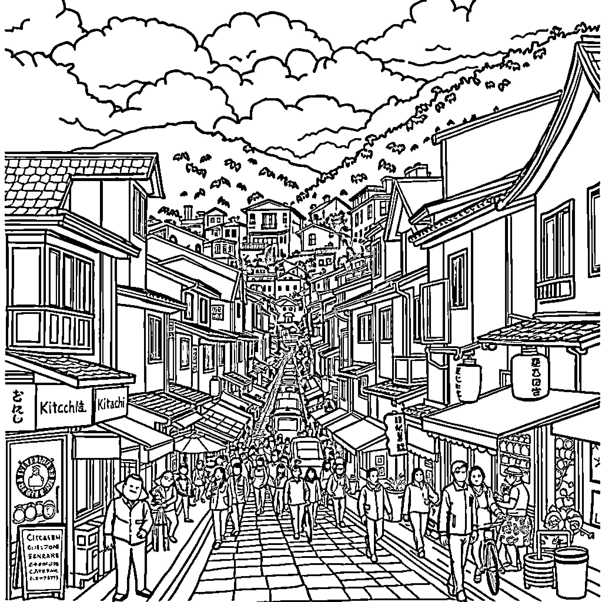 Kitachi's Lively Street Market Scene Coloring Page (free black-and-white line drawing printable PDF for all, from beginners to advanced learners, including children, teens, adults, and seniors)