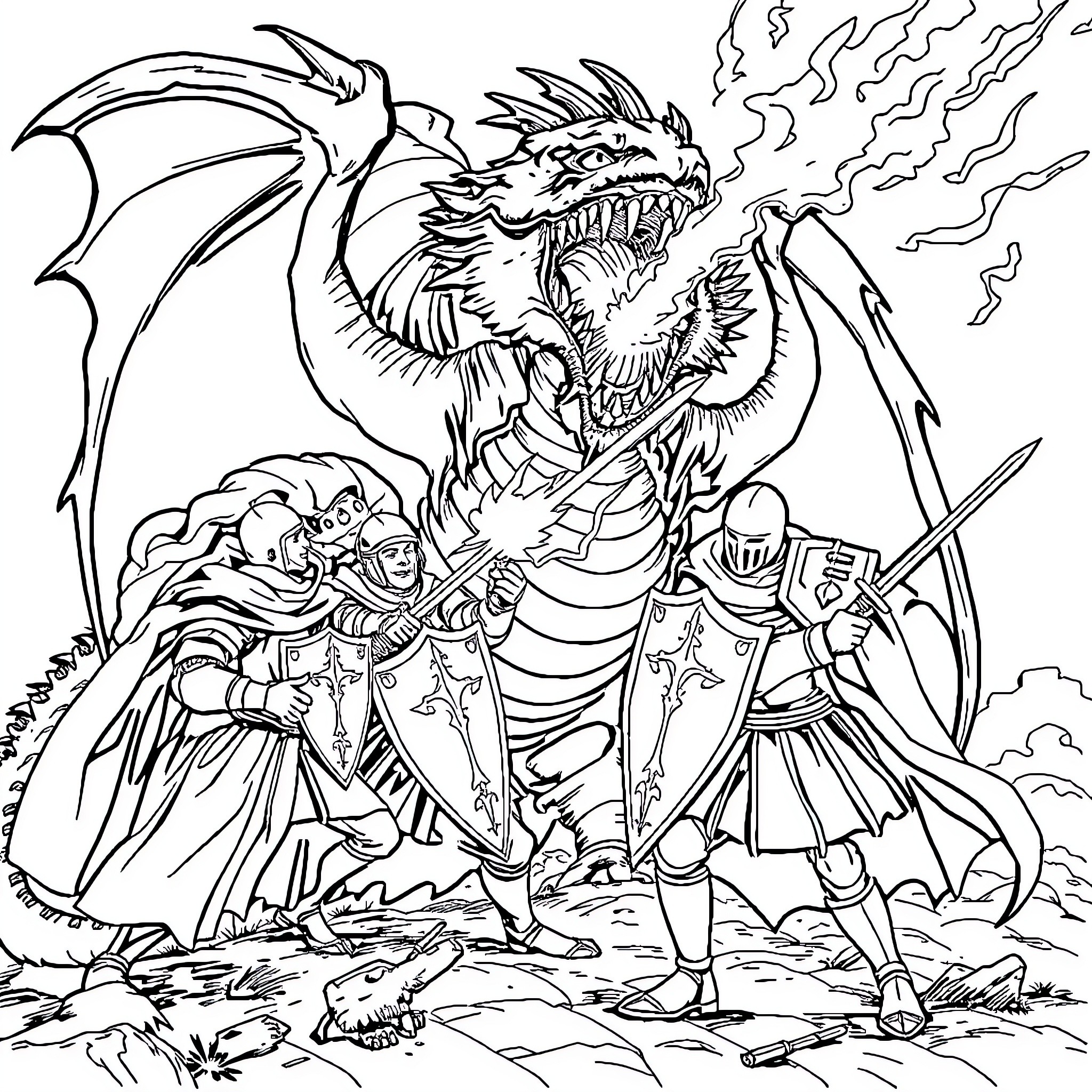 Knight Battling Fierce Dragon in Epic Clash Coloring Page (free black-and-white line drawing printable PDF for all, from beginners to advanced learners, including children, teens, adults, and seniors)