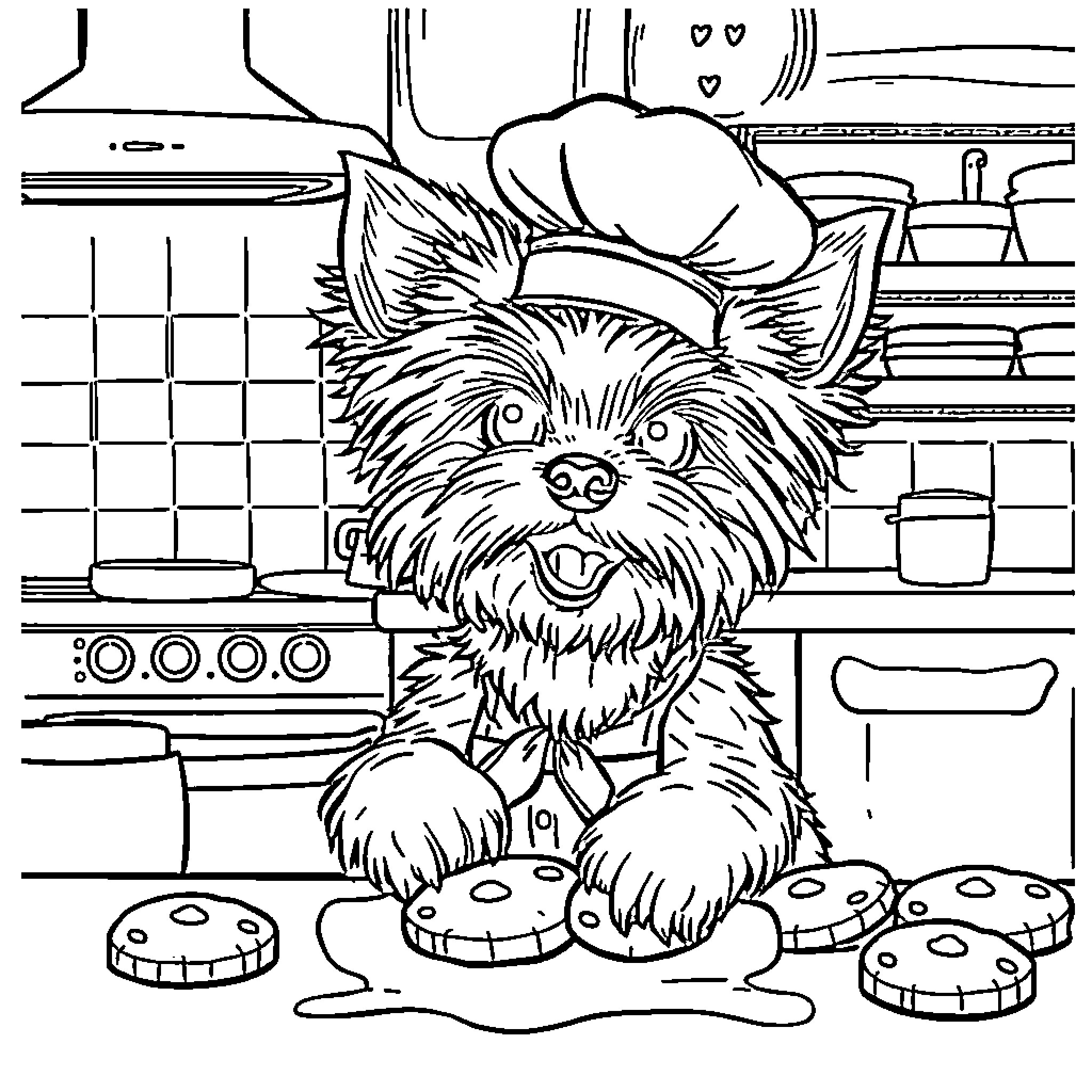 Yorkie enjoying treats in the kitchen Coloring Page (free black-and-white line drawing printable PDF for all, from beginners to advanced learners, including children, teens, adults, and seniors)