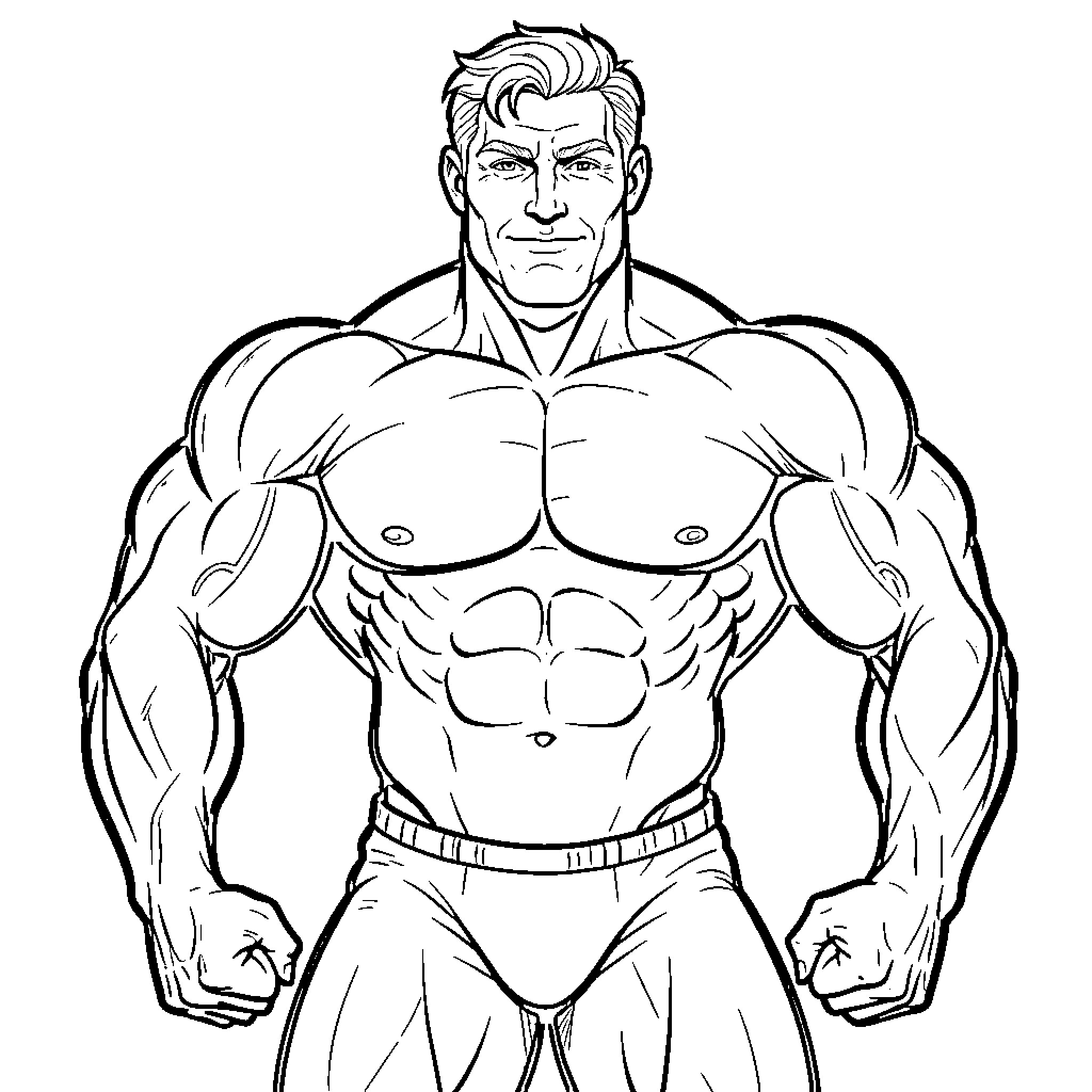 Culturista posing confidently with a muscular physique Coloring Page (free black-and-white line drawing printable PDF for all, from beginners to advanced learners, including children, teens, adults, and seniors)