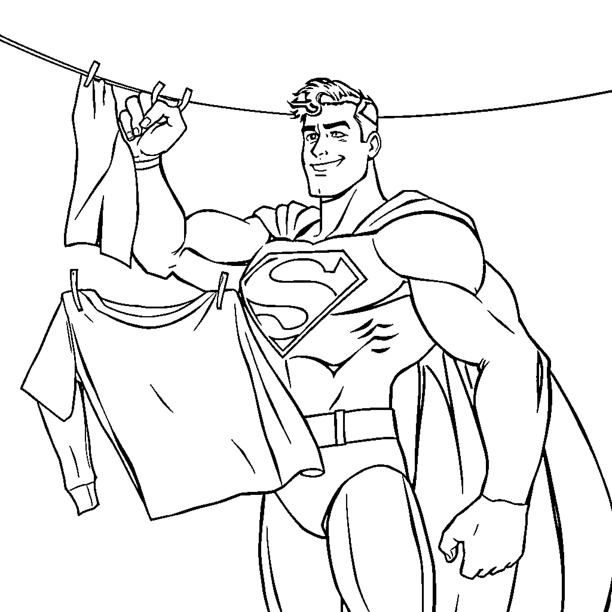 Superman hanging up his super suit Coloring Page (free black-and-white line drawing printable PDF for all, from beginners to advanced learners, including children, teens, adults, and seniors)