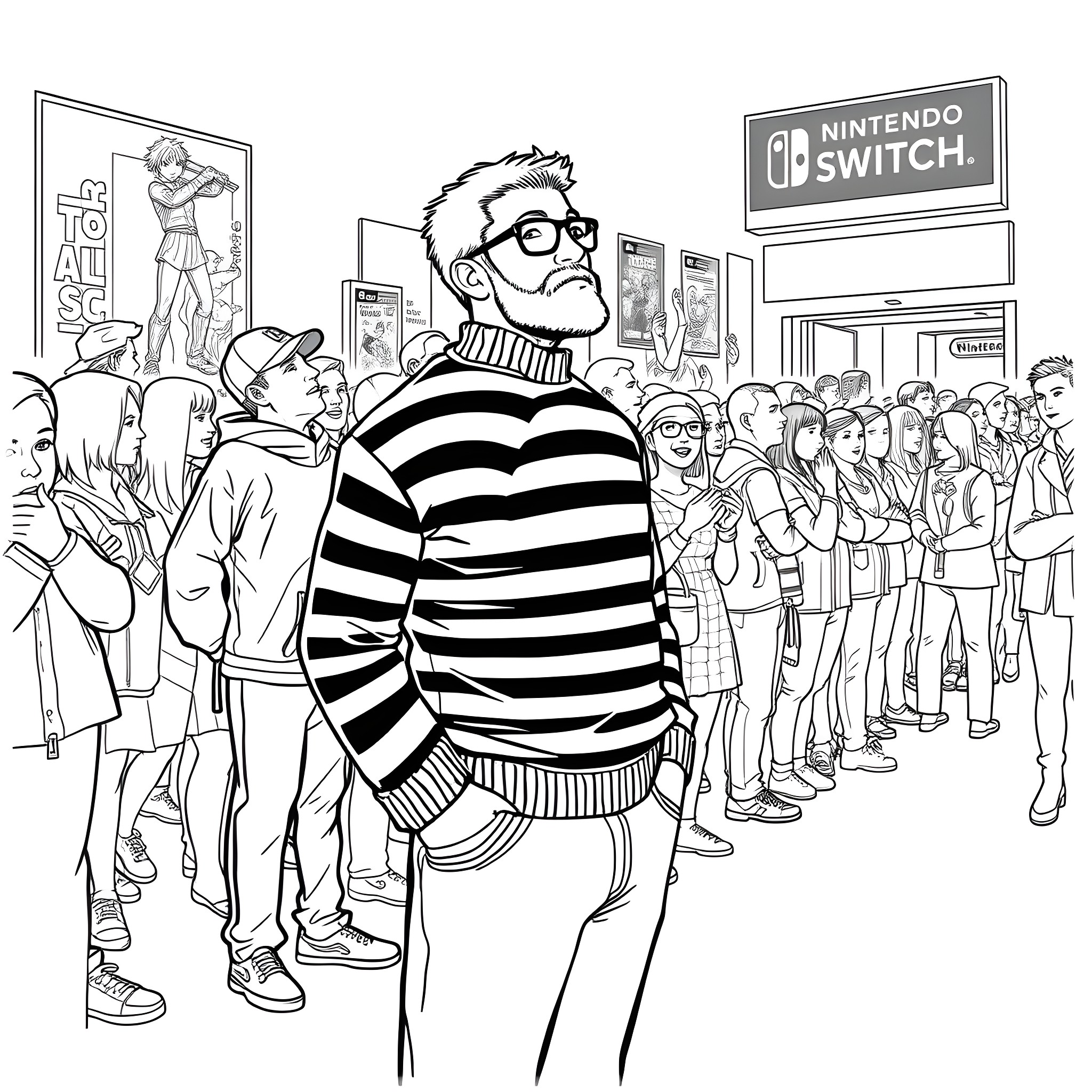 Freddie Kruger explores a crowd of gamers at the Nintendo Switch store Coloring Page (free black-and-white line drawing printable PDF for all, from beginners to advanced learners, including children, teens, adults, and seniors)
