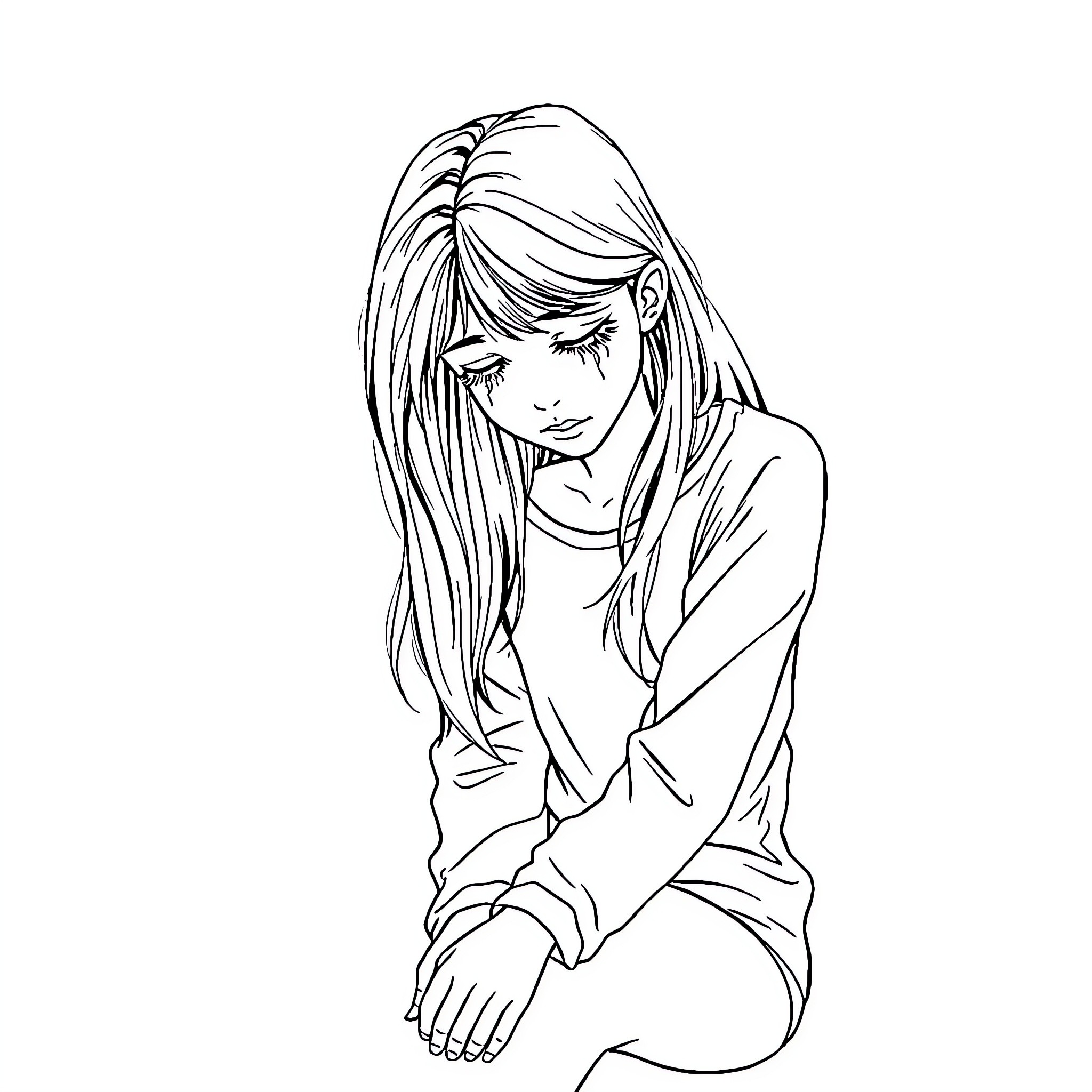 Woman with long, flowing hair sitting in deep thought Coloring Page (free black-and-white line drawing printable PDF for all, from beginners to advanced learners, including children, teens, adults, and seniors)