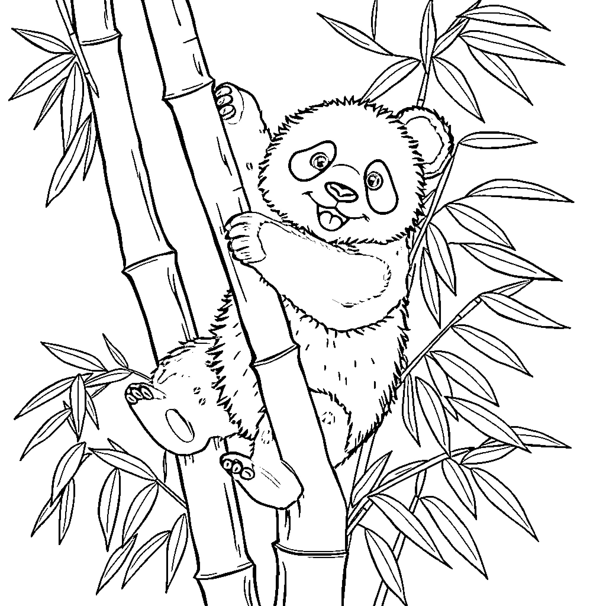Baby Panda climbing on bamboo tree Coloring Page (free black-and-white line drawing printable PDF for all, from beginners to advanced learners, including children, teens, adults, and seniors)