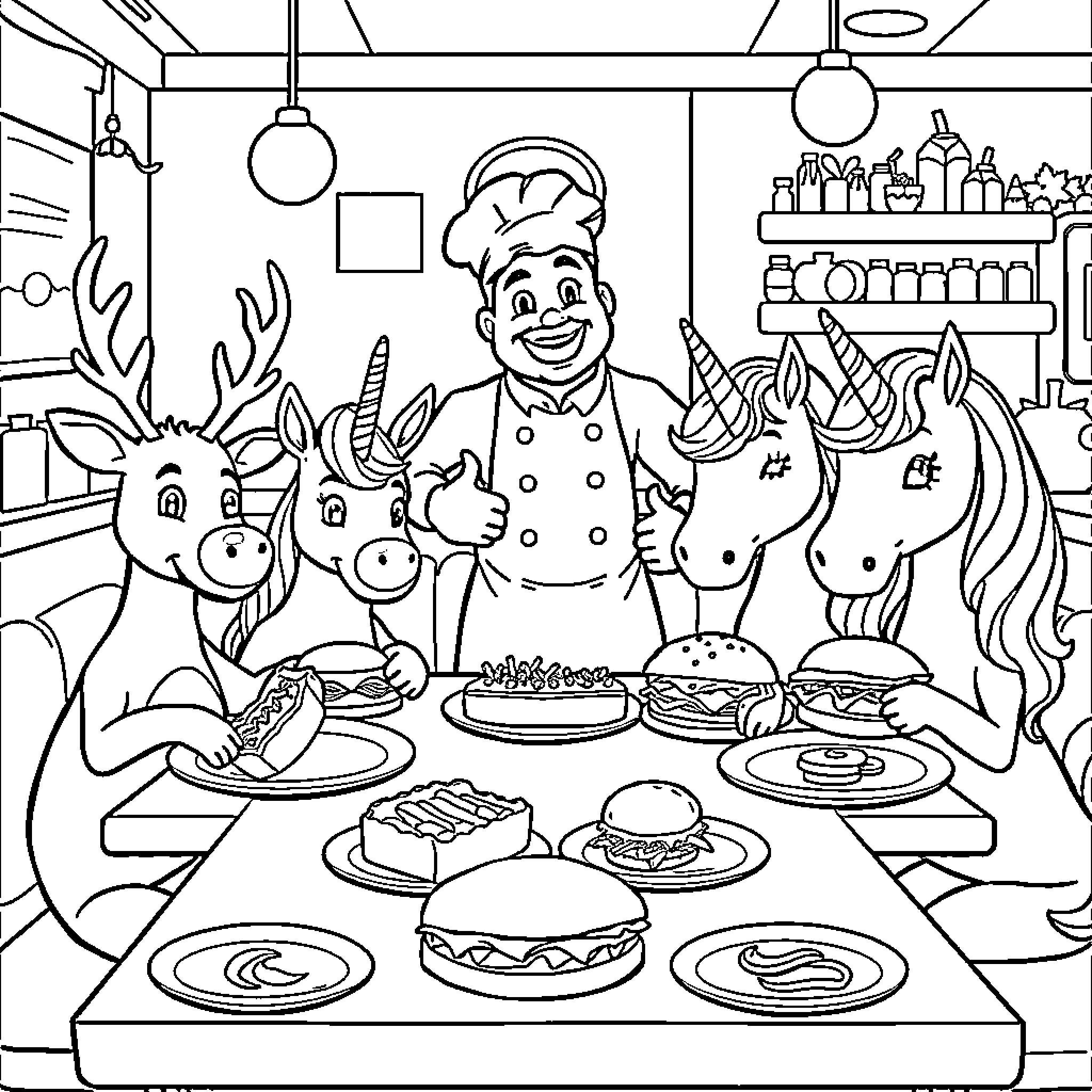 Reindeer Chef Serving Food in Kitchen Coloring Page (free black-and-white line drawing printable PDF for all, from beginners to advanced learners, including children, teens, adults, and seniors)