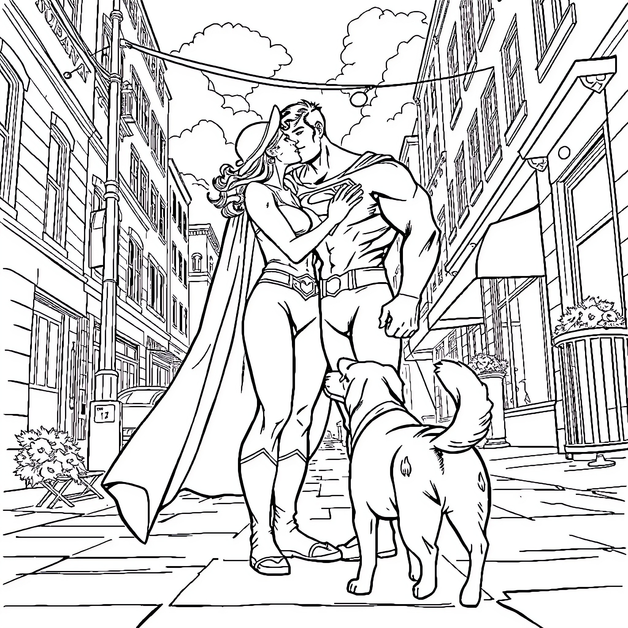 Superman heroically saving a person in distress Coloring Page (free black-and-white line drawing printable PDF for all, from beginners to advanced learners, including children, teens, adults, and seniors)
