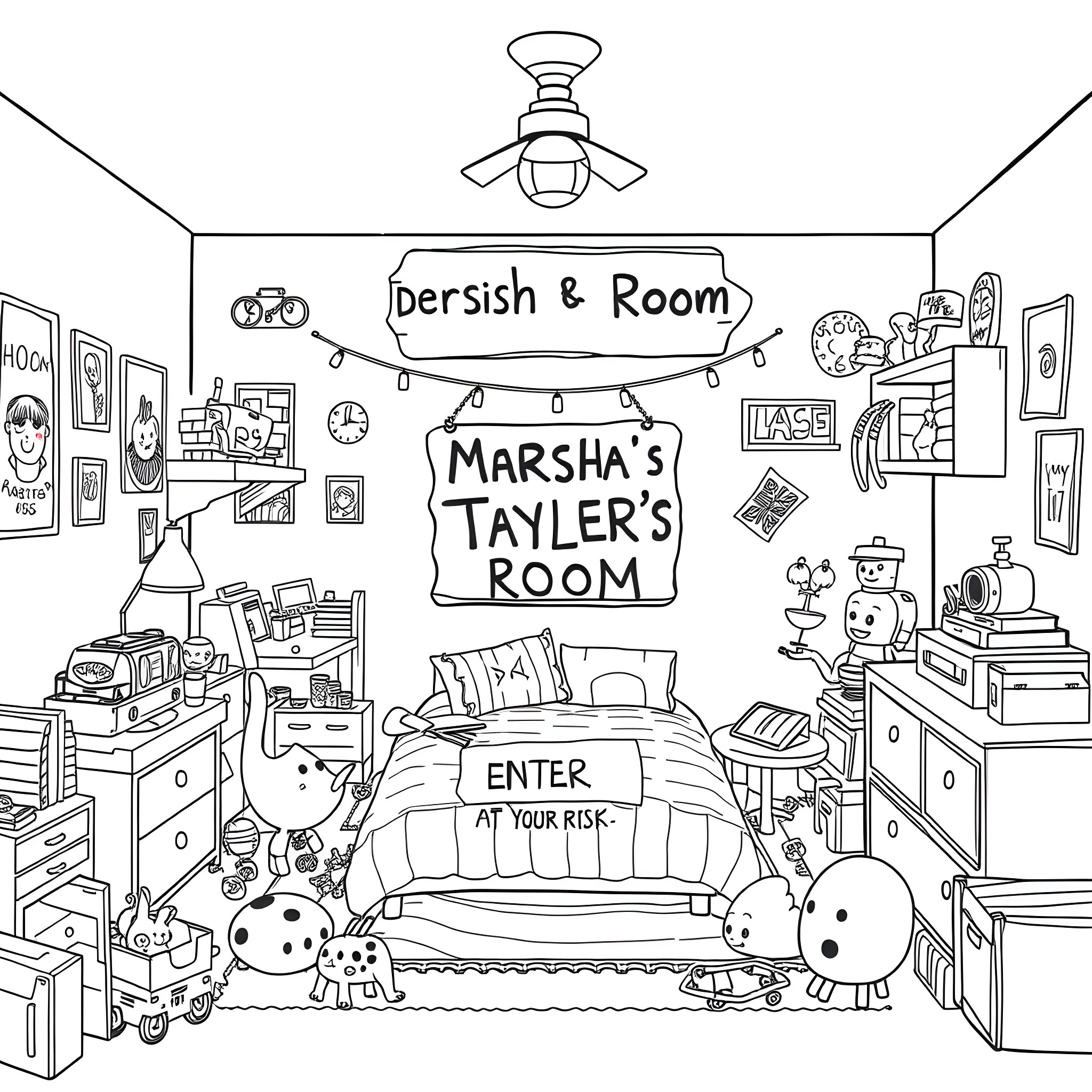 Room filled with various items and furnishings Coloring Page (free black-and-white line drawing printable PDF for all, from beginners to advanced learners, including children, teens, adults, and seniors)