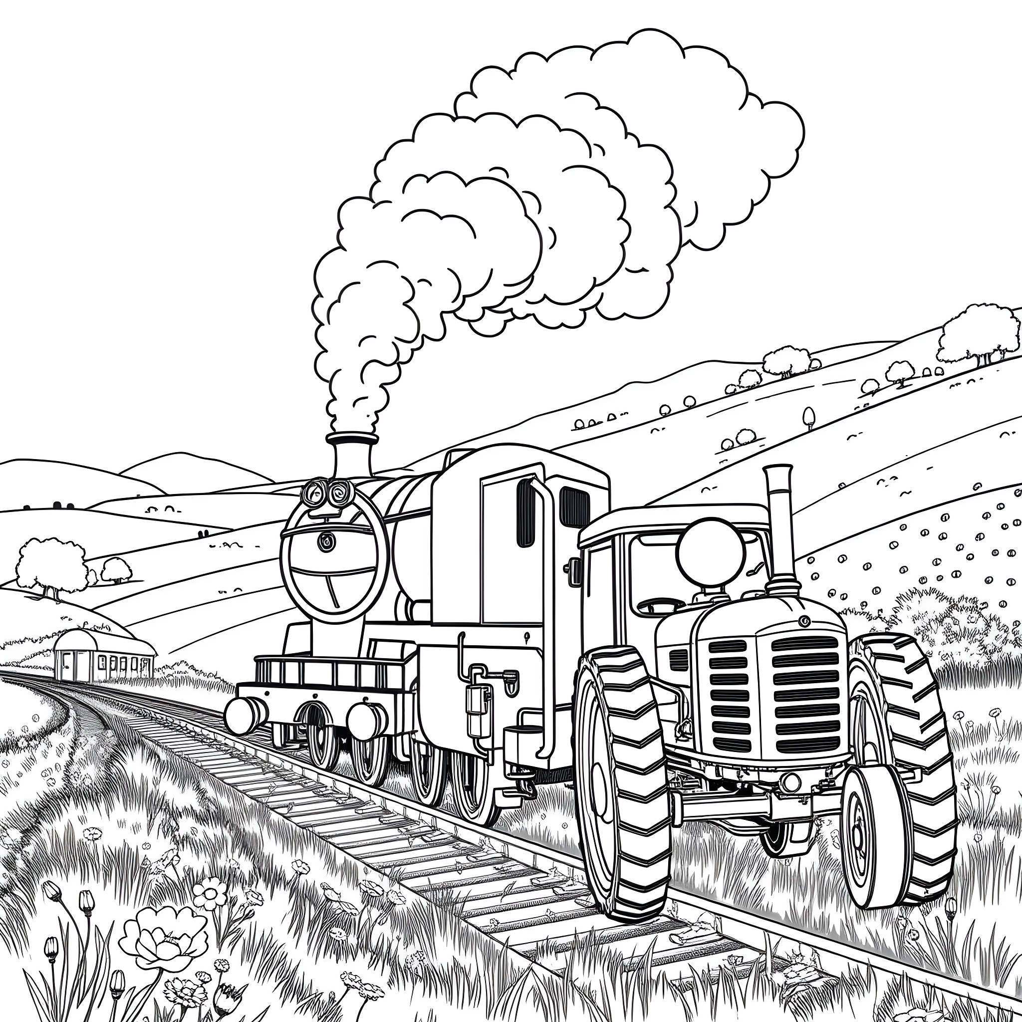 Flying Scotsman locomotive traversing scenic countryside Coloring Page (free black-and-white line drawing printable PDF for all, from beginners to advanced learners, including children, teens, adults, and seniors)