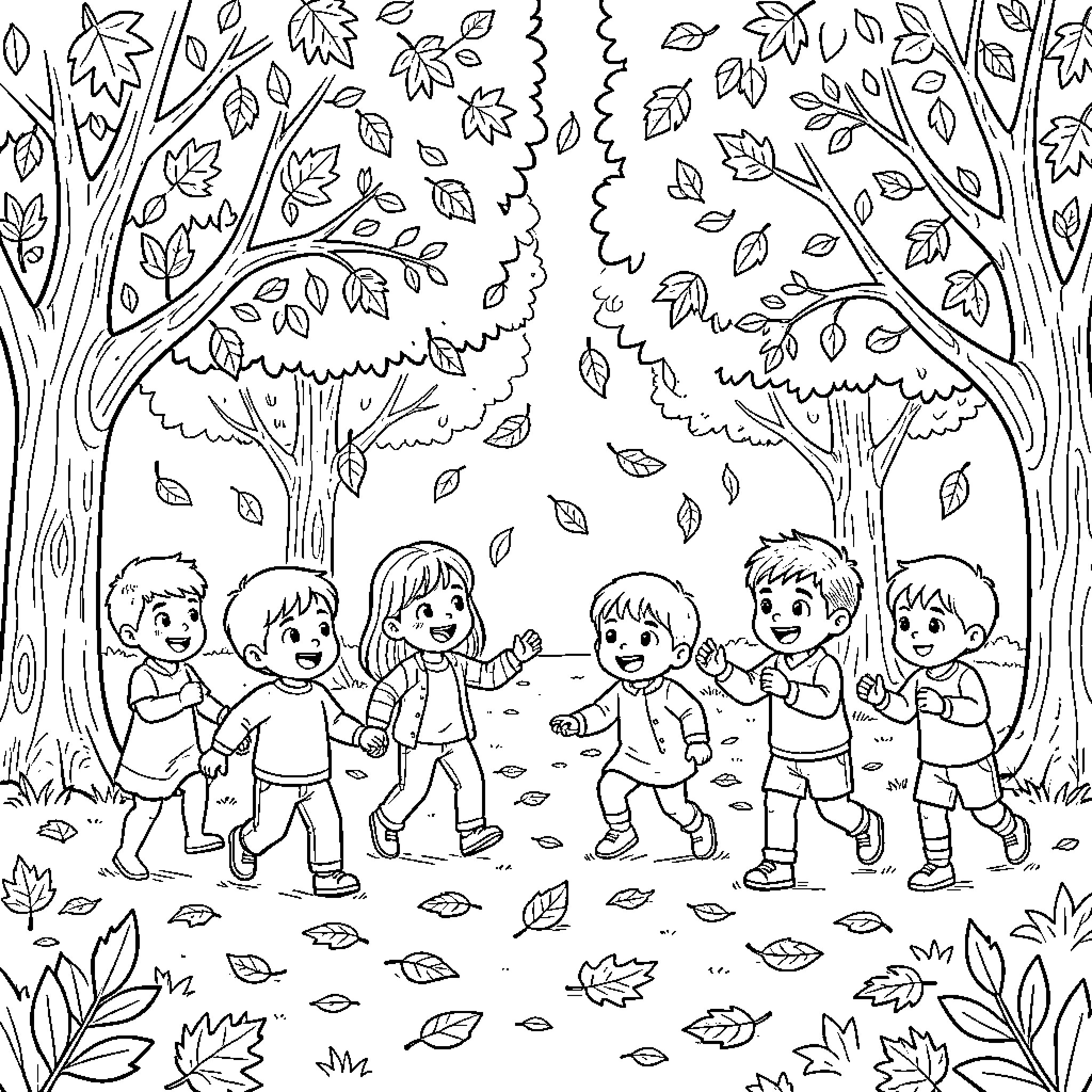 Hoja: Children playing in the autumn forest Coloring Page (free black-and-white line drawing printable PDF for all, from beginners to advanced learners, including children, teens, adults, and seniors)