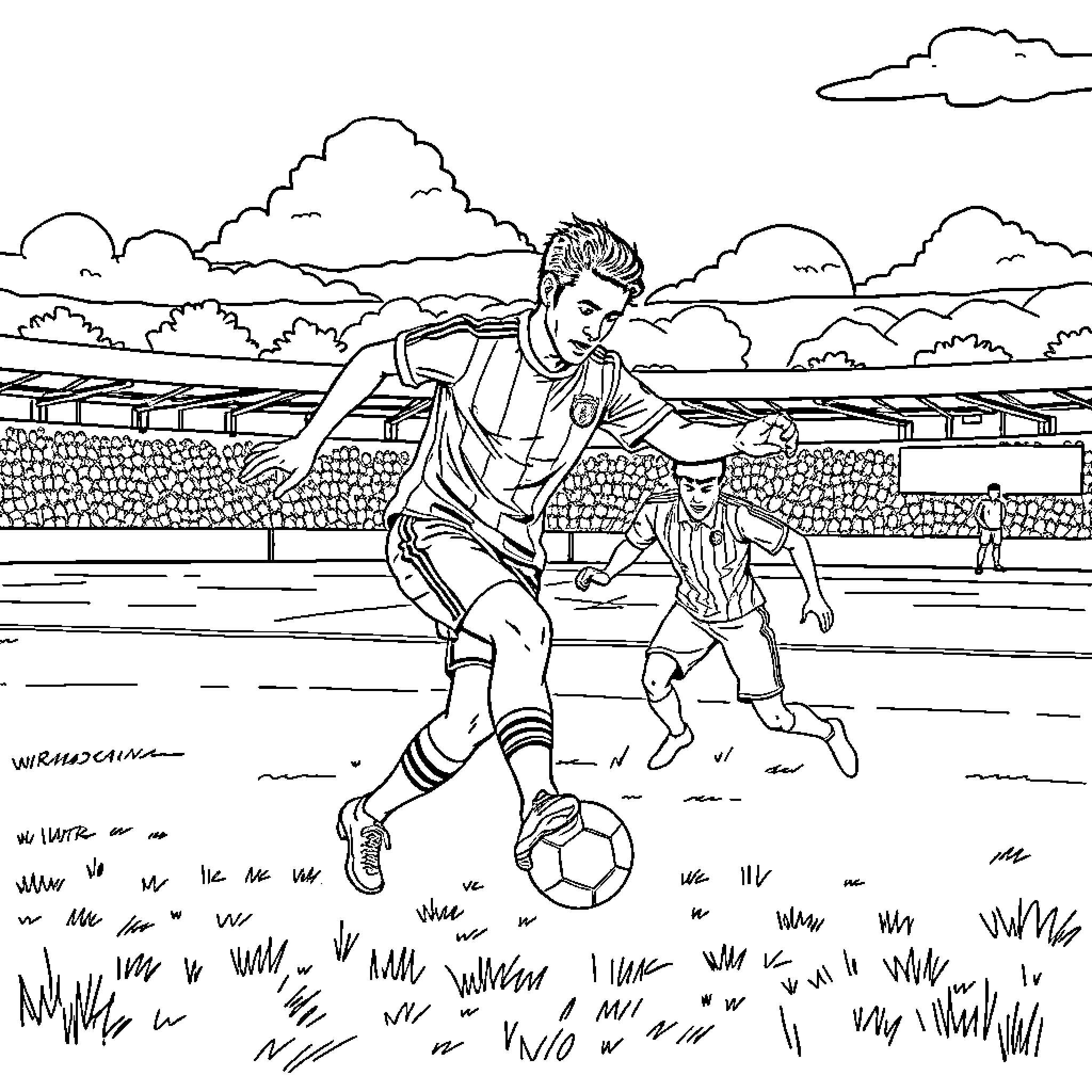 Juan Carlos Bodoque playing soccer with friend in park Coloring Page (free black-and-white line drawing printable PDF for all, from beginners to advanced learners, including children, teens, adults, and seniors)