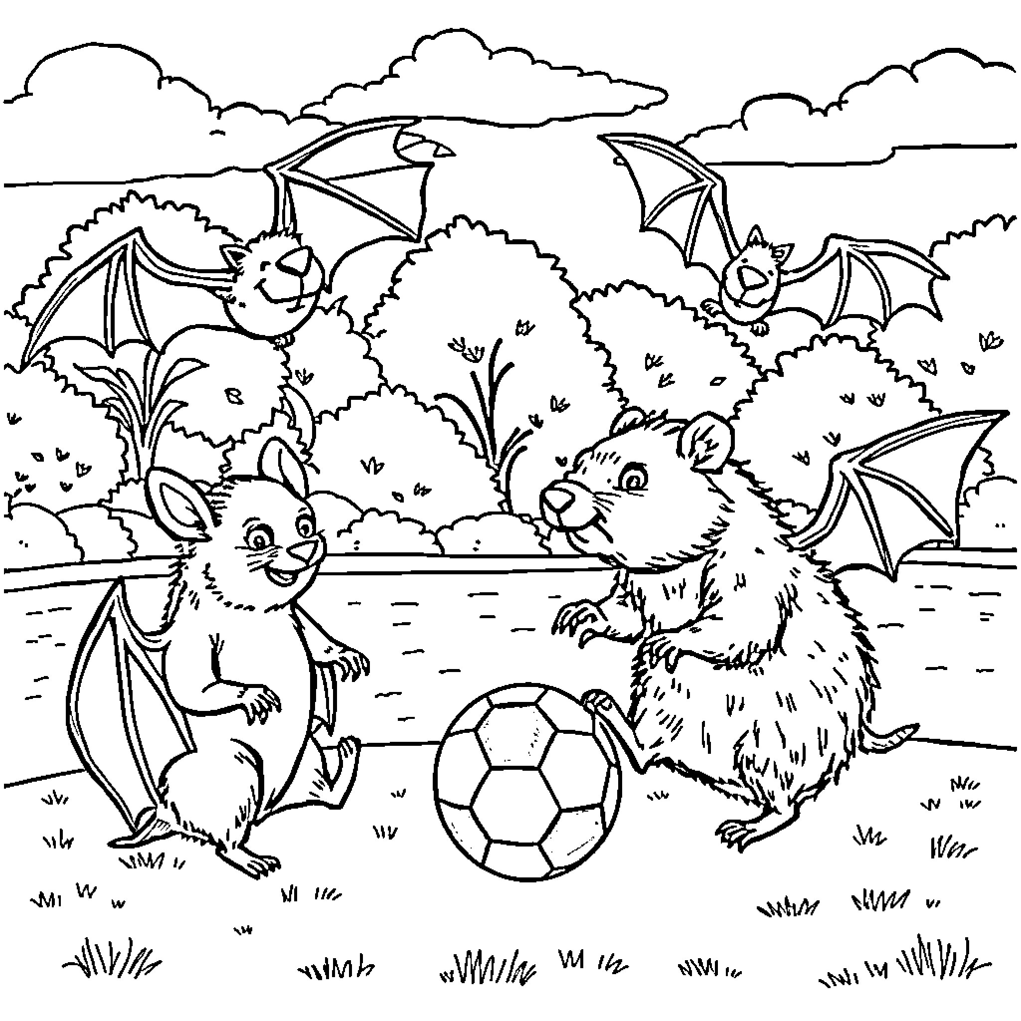 Bat friends enjoying a game of soccer in the park Coloring Page (free black-and-white line drawing printable PDF for all, from beginners to advanced learners, including children, teens, adults, and seniors)