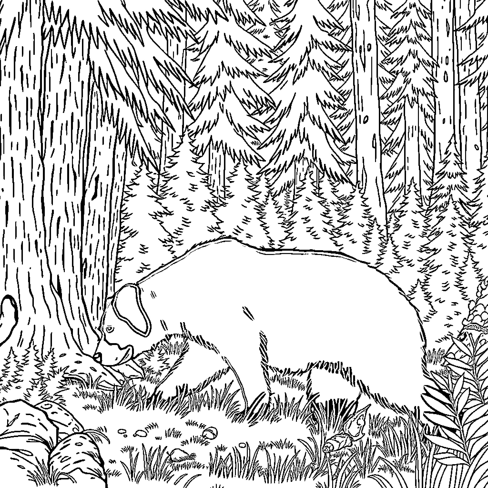 Coonhound wandering in the serene forest Coloring Page (free black-and-white line drawing printable PDF for all, from beginners to advanced learners, including children, teens, adults, and seniors)