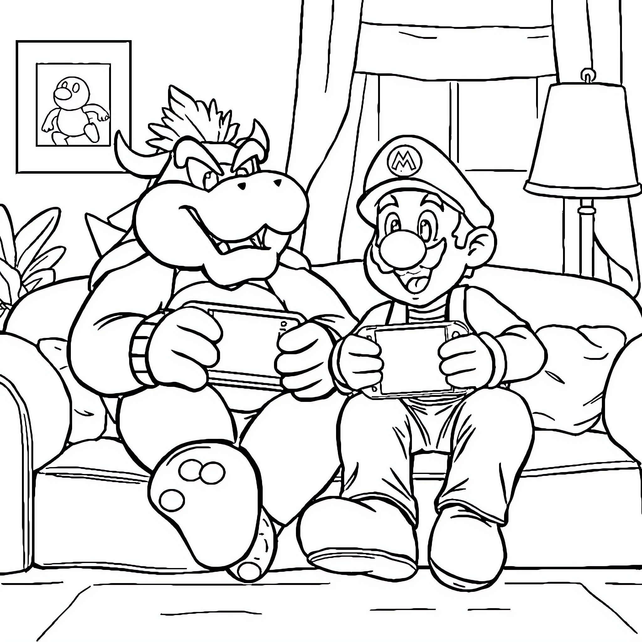 Bowser and Mario playing video games on the couch Coloring Page (free black-and-white line drawing printable PDF for all, from beginners to advanced learners, including children, teens, adults, and seniors)