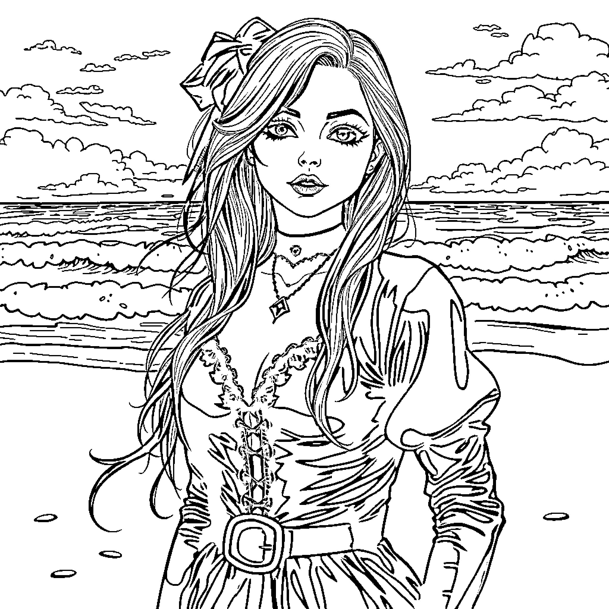 Gothic Babe in Coastal Fantasy Attire Coloring Page (free black-and-white line drawing printable PDF for all, from beginners to advanced learners, including children, teens, adults, and seniors)
