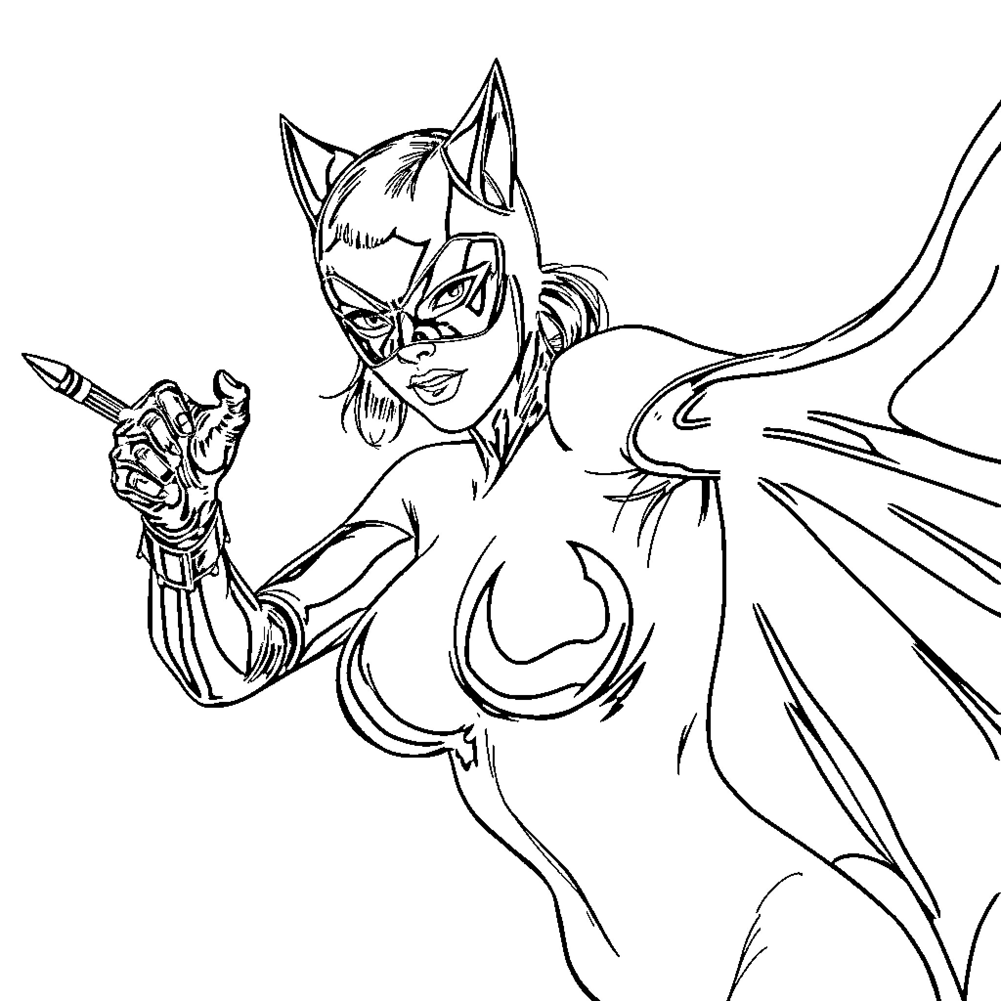Cat Woman in action-packed pose Coloring Page (free black-and-white line drawing printable PDF for all, from beginners to advanced learners, including children, teens, adults, and seniors)