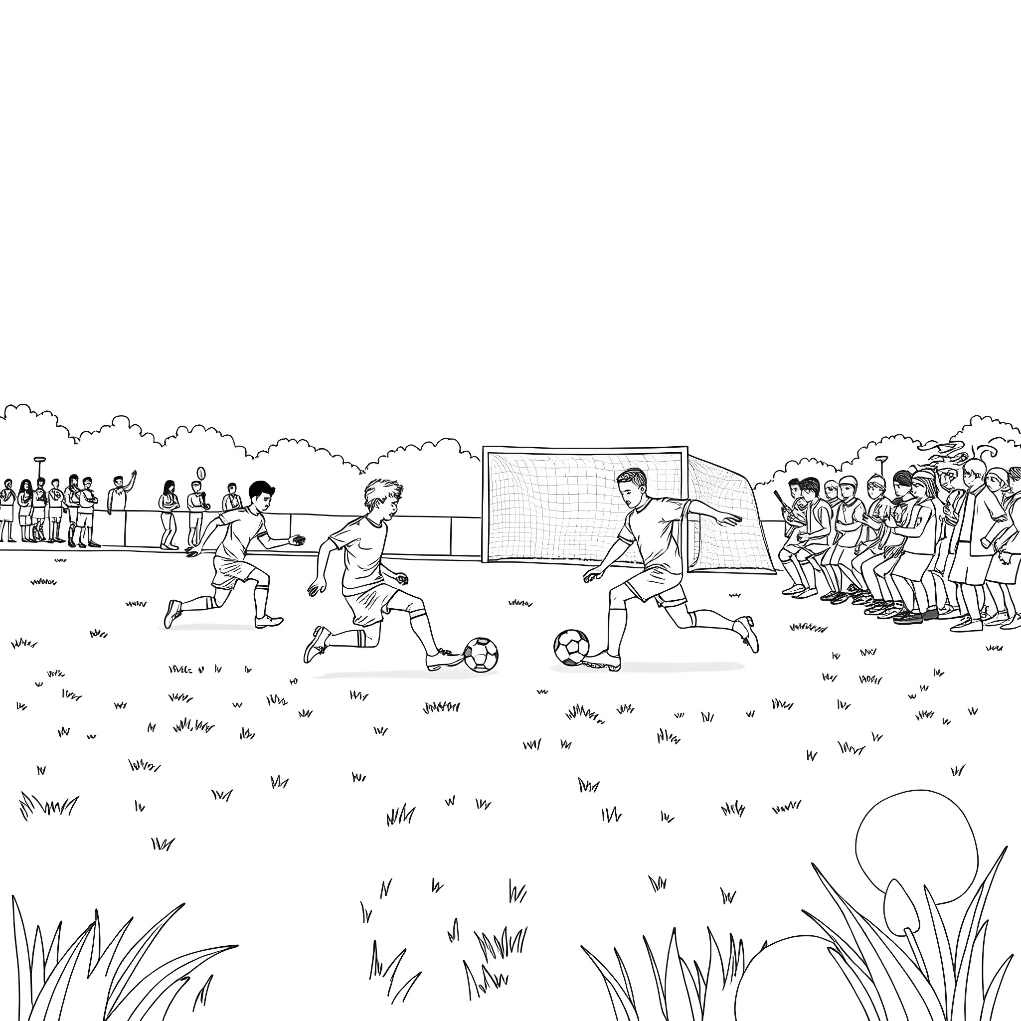 Soccer game action with players and spectators Coloring Page (free black-and-white line drawing printable PDF for all, from beginners to advanced learners, including children, teens, adults, and seniors)
