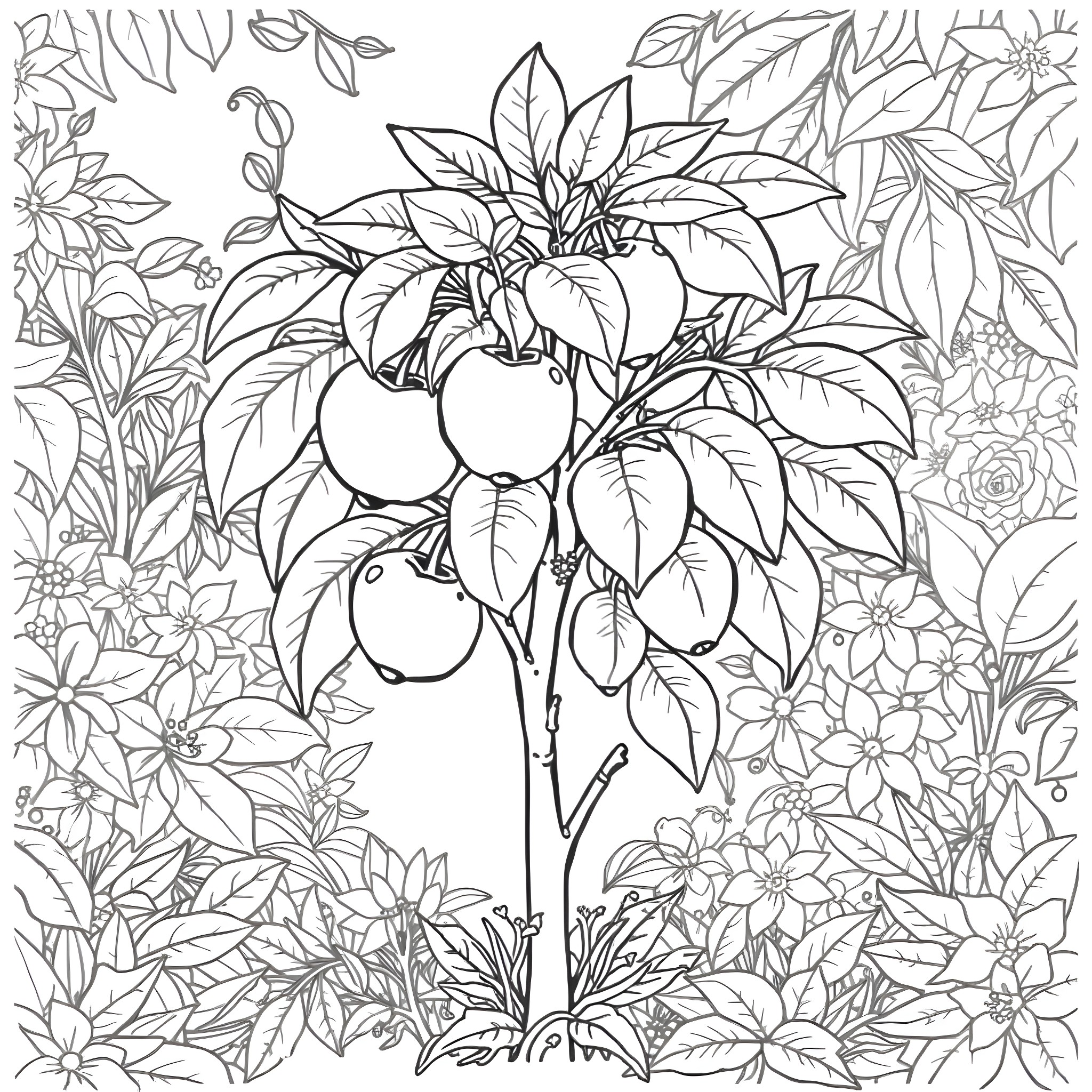 Acerola in a Floral Garden Coloring Page (free black-and-white line drawing printable PDF for all, from beginners to advanced learners, including children, teens, adults, and seniors)