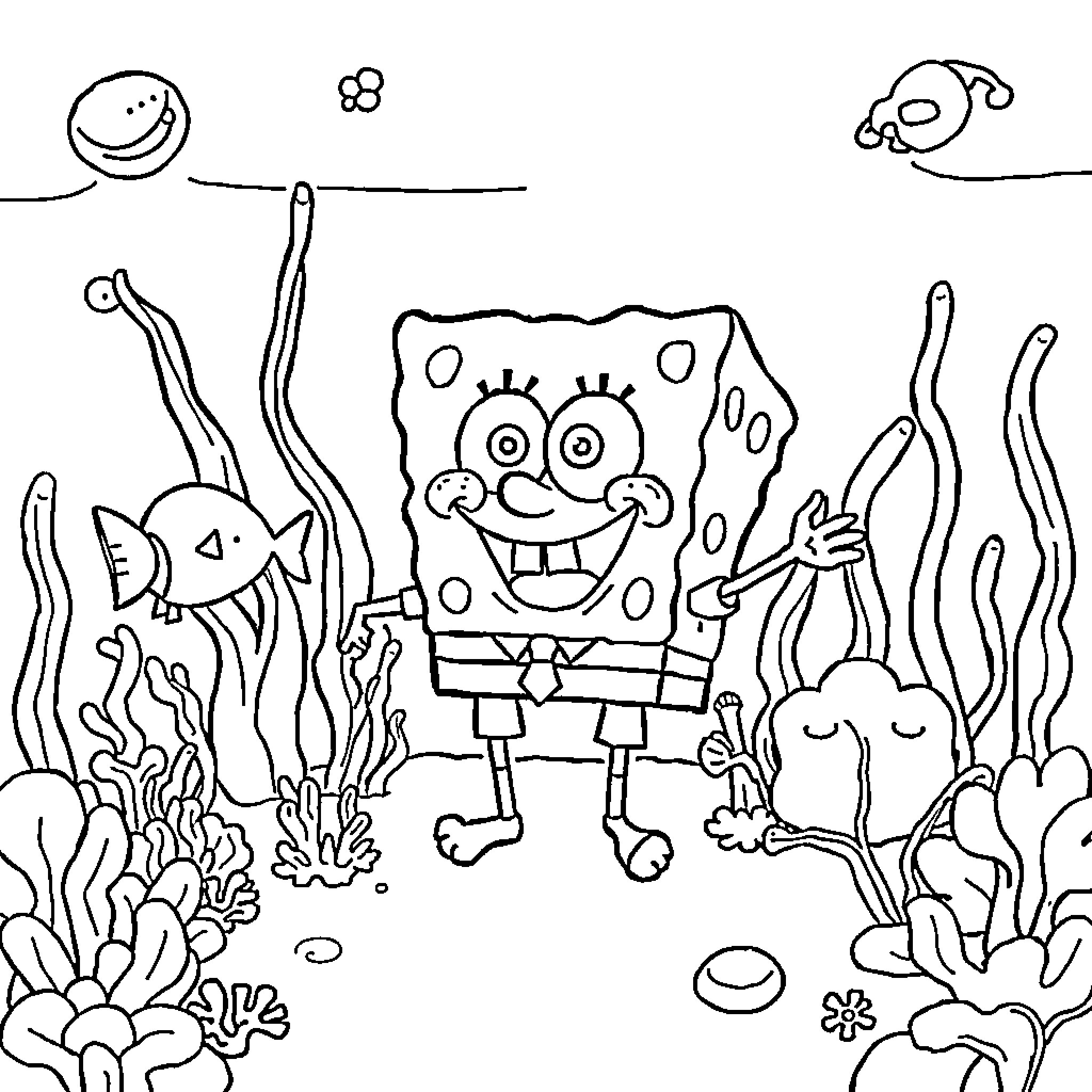 Spongebob enjoying a day under the sea Coloring Page (free black-and-white line drawing printable PDF for all, from beginners to advanced learners, including children, teens, adults, and seniors)