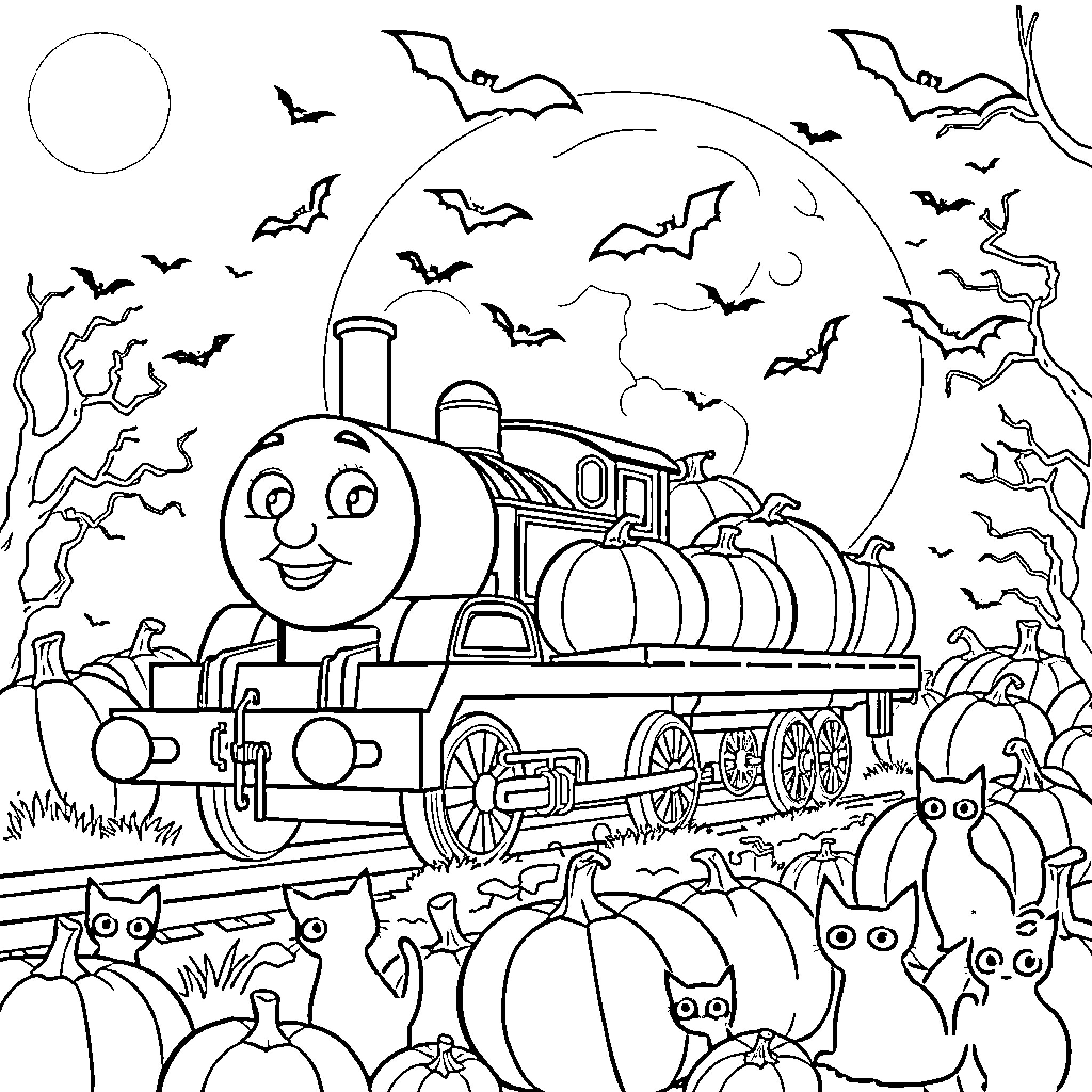 Nia's Spooky Train Ride Coloring Page (free black-and-white line drawing printable PDF for all, from beginners to advanced learners, including children, teens, adults, and seniors)