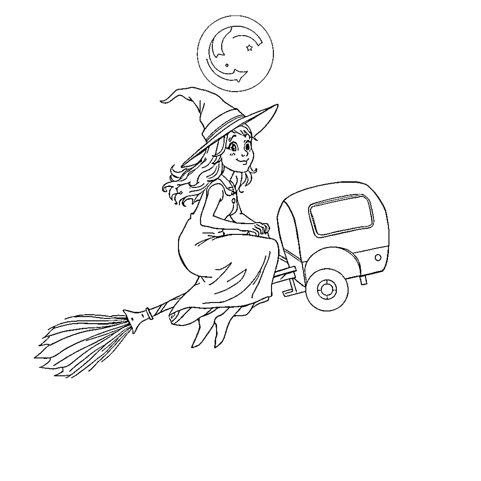 Witch traveling on a broomstick with caravan Coloring Page (free black-and-white line drawing printable PDF for all, from beginners to advanced learners, including children, teens, adults, and seniors)