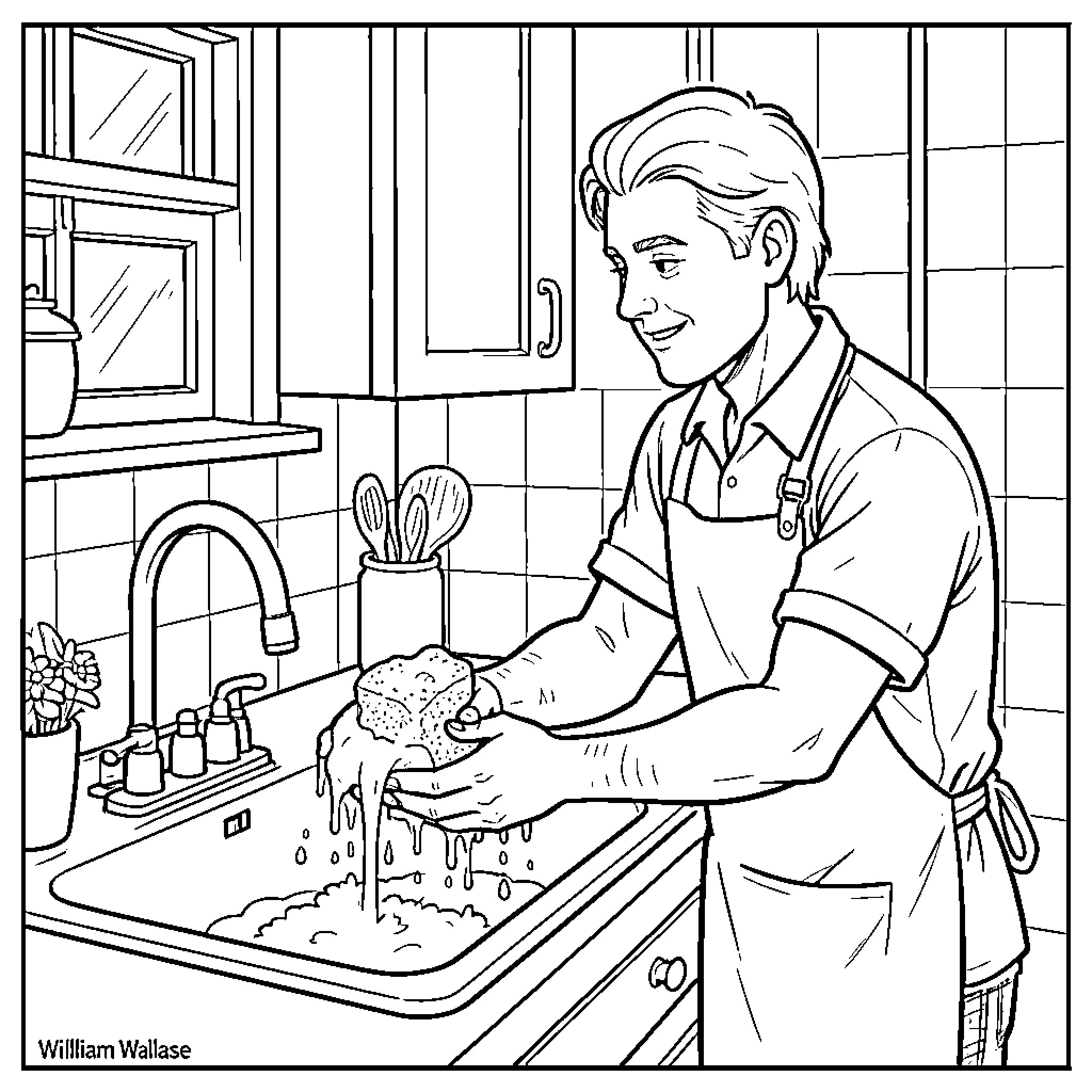 William Wallace cooking a delicious meal in the kitchen Coloring Page (free black-and-white line drawing printable PDF for all, from beginners to advanced learners, including children, teens, adults, and seniors)