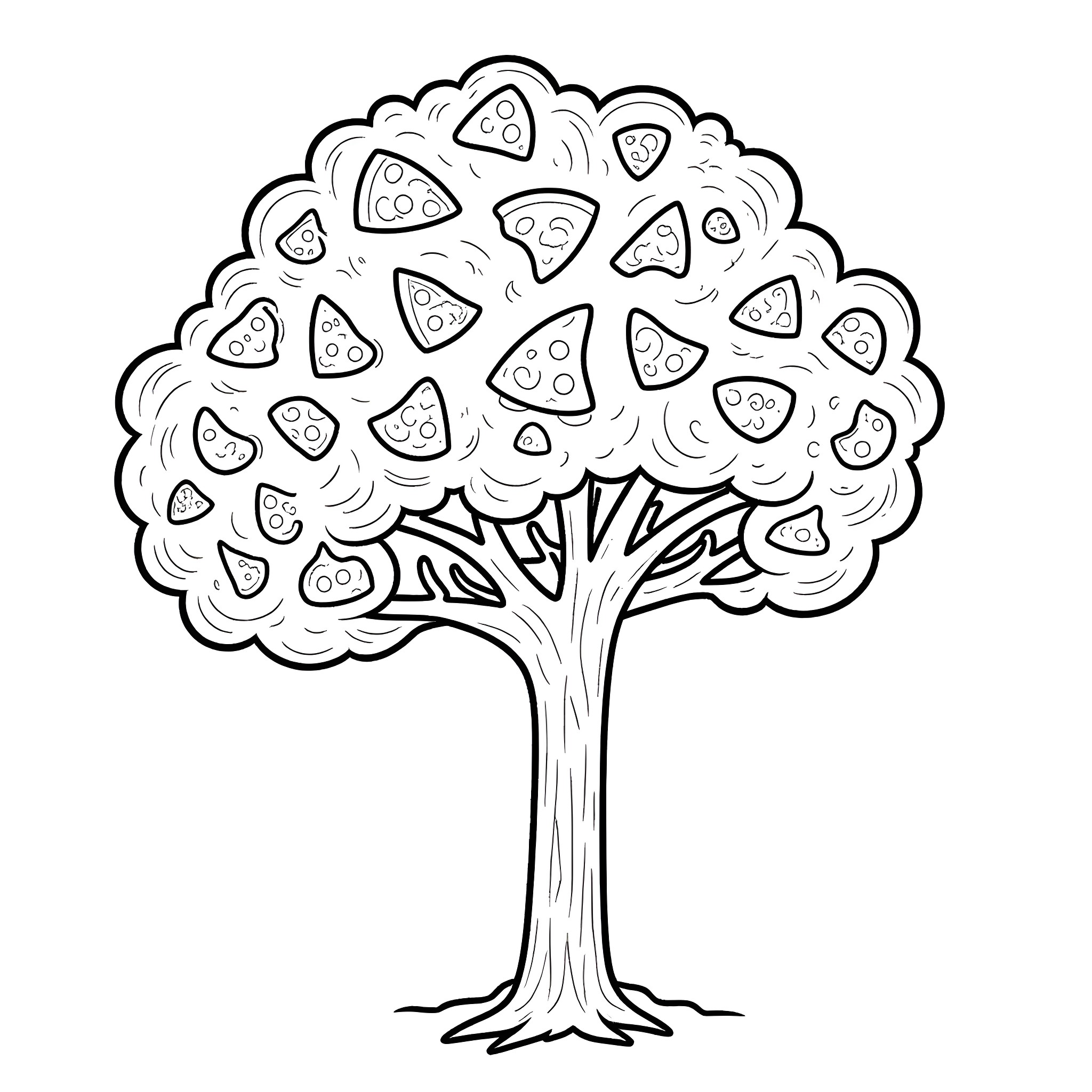 Pizza tree with playful shapes Coloring Page (free black-and-white line drawing printable PDF for all, from beginners to advanced learners, including children, teens, adults, and seniors)