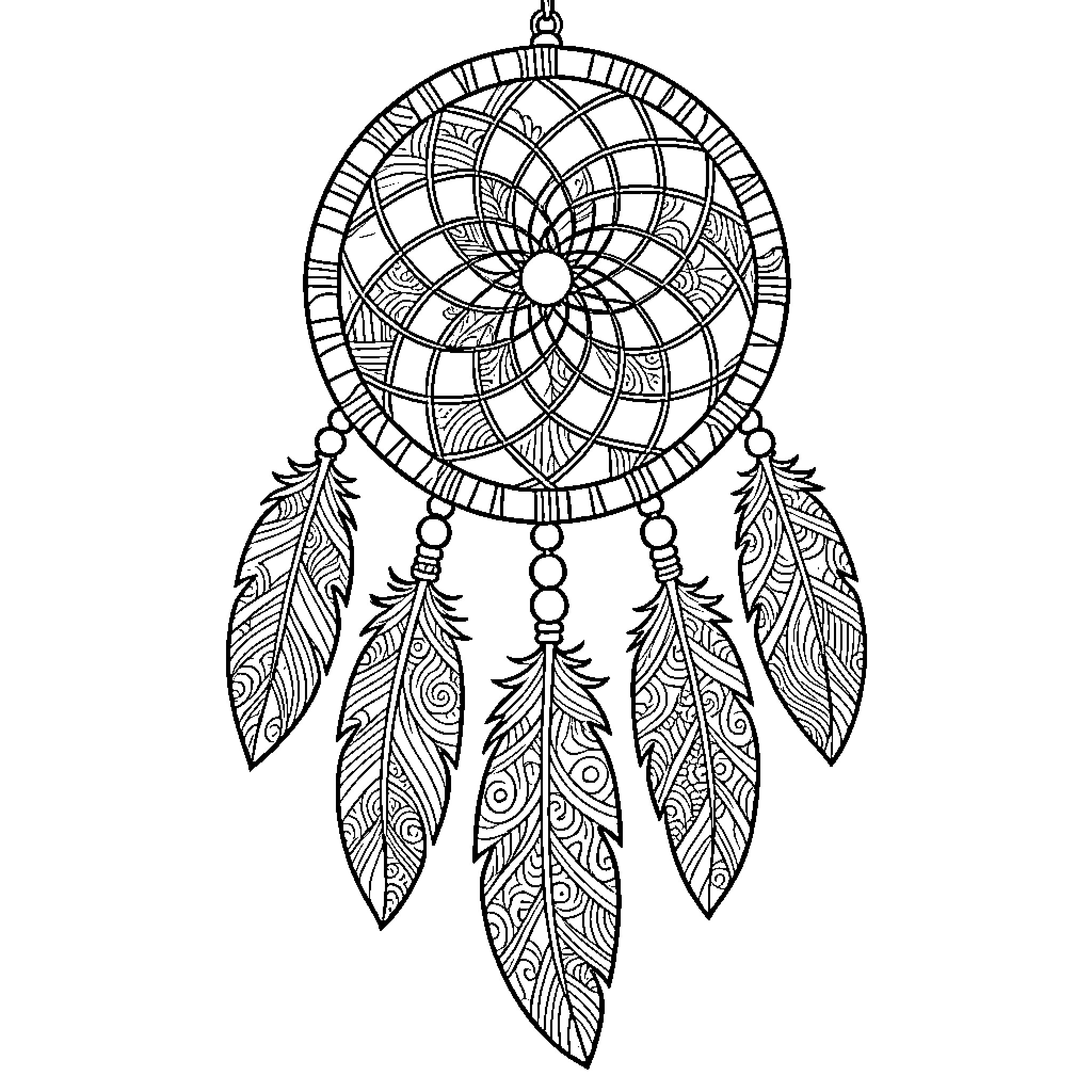 Dream Catcher with intricate patterned feathers hanging below Coloring Page (free black-and-white line drawing printable PDF for all, from beginners to advanced learners, including children, teens, adults, and seniors)