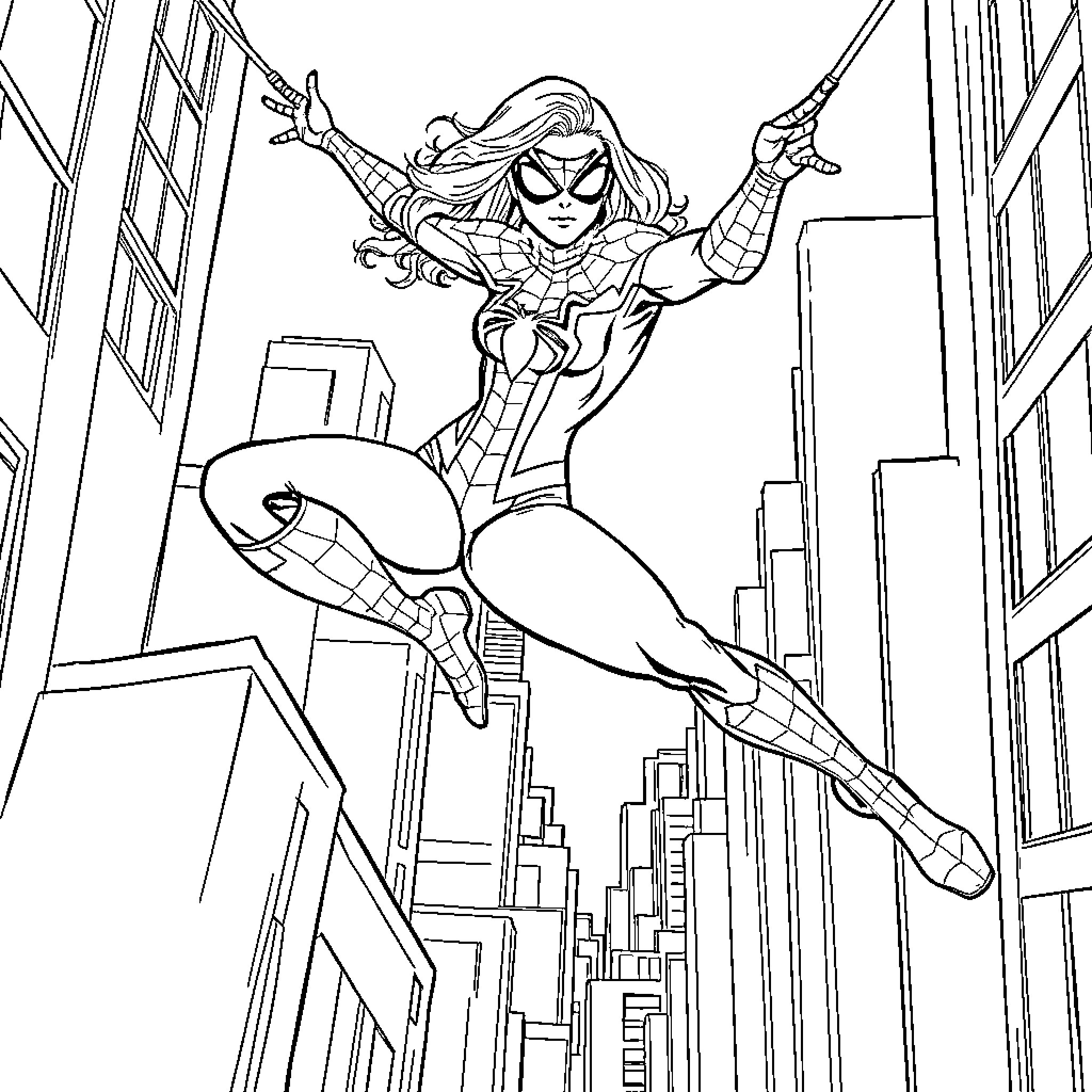 Spider-Man heroine swinging through the city skyline Coloring Page (free black-and-white line drawing printable PDF for all, from beginners to advanced learners, including children, teens, adults, and seniors)