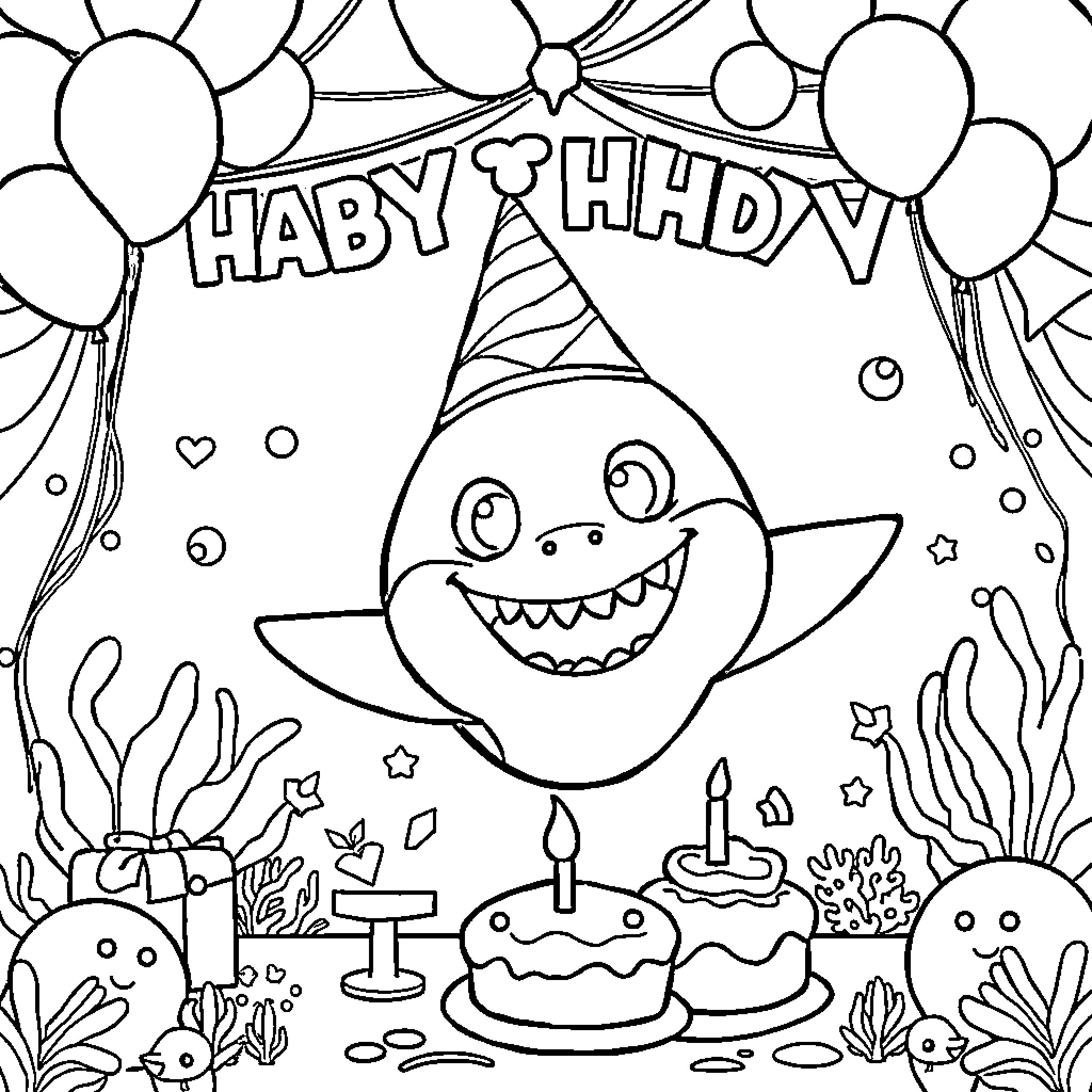 Shark Birthday Party with Balloons and Cake Coloring Page (free black-and-white line drawing printable PDF for all, from beginners to advanced learners, including children, teens, adults, and seniors)