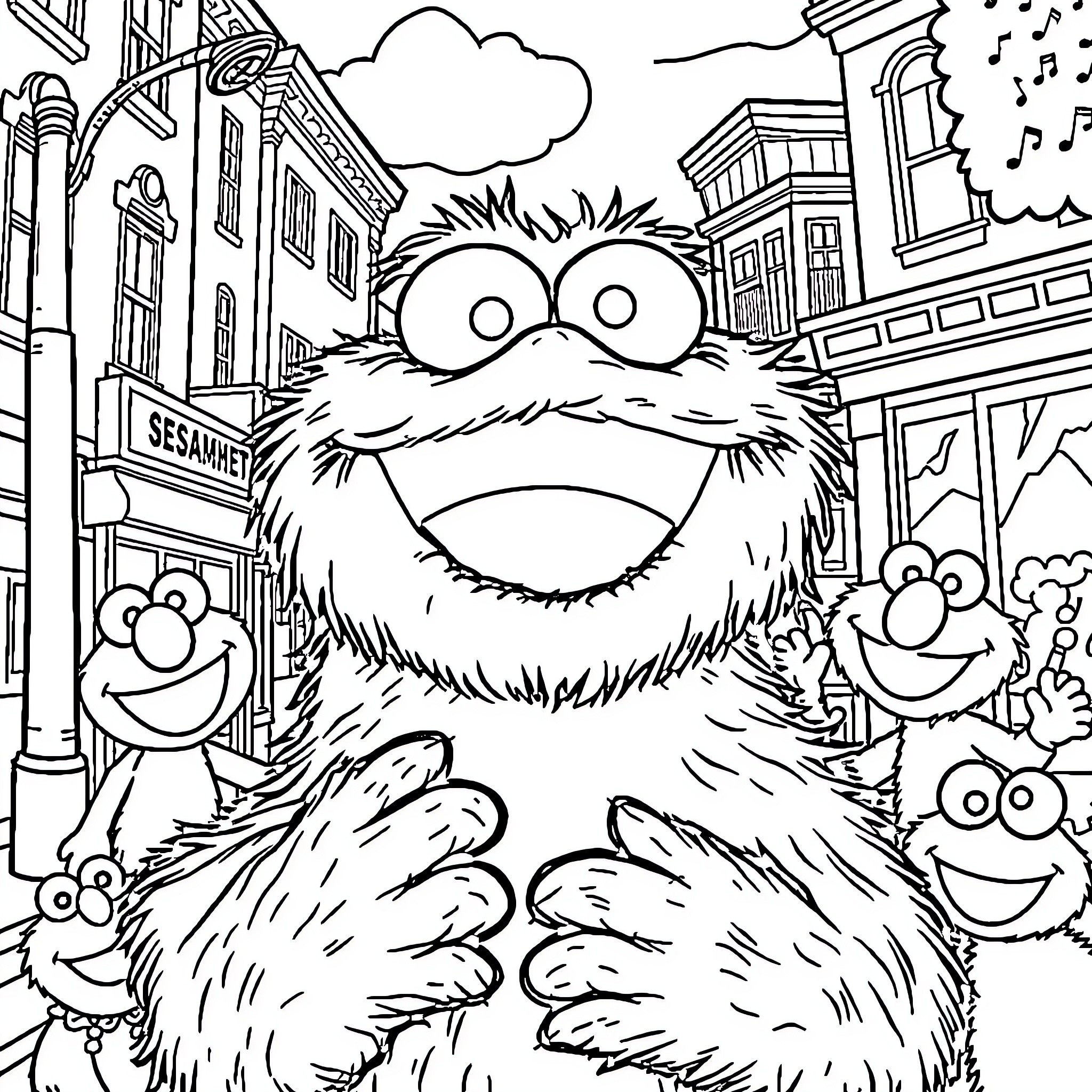 Cookie Monster's Playful Day in the City Coloring Page (free black-and-white line drawing printable PDF for all, from beginners to advanced learners, including children, teens, adults, and seniors)