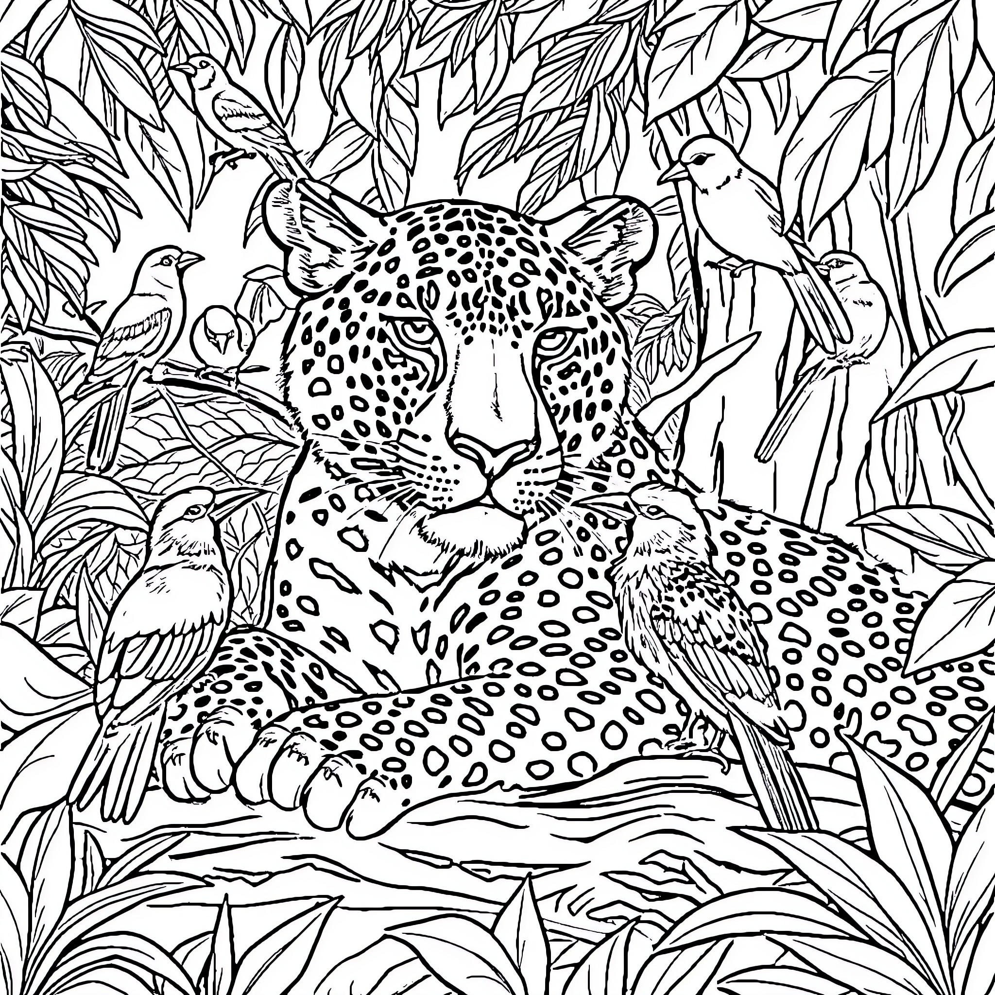 Leopard relaxing amidst lush foliage and wildlife Coloring Page (free black-and-white line drawing printable PDF for all, from beginners to advanced learners, including children, teens, adults, and seniors)