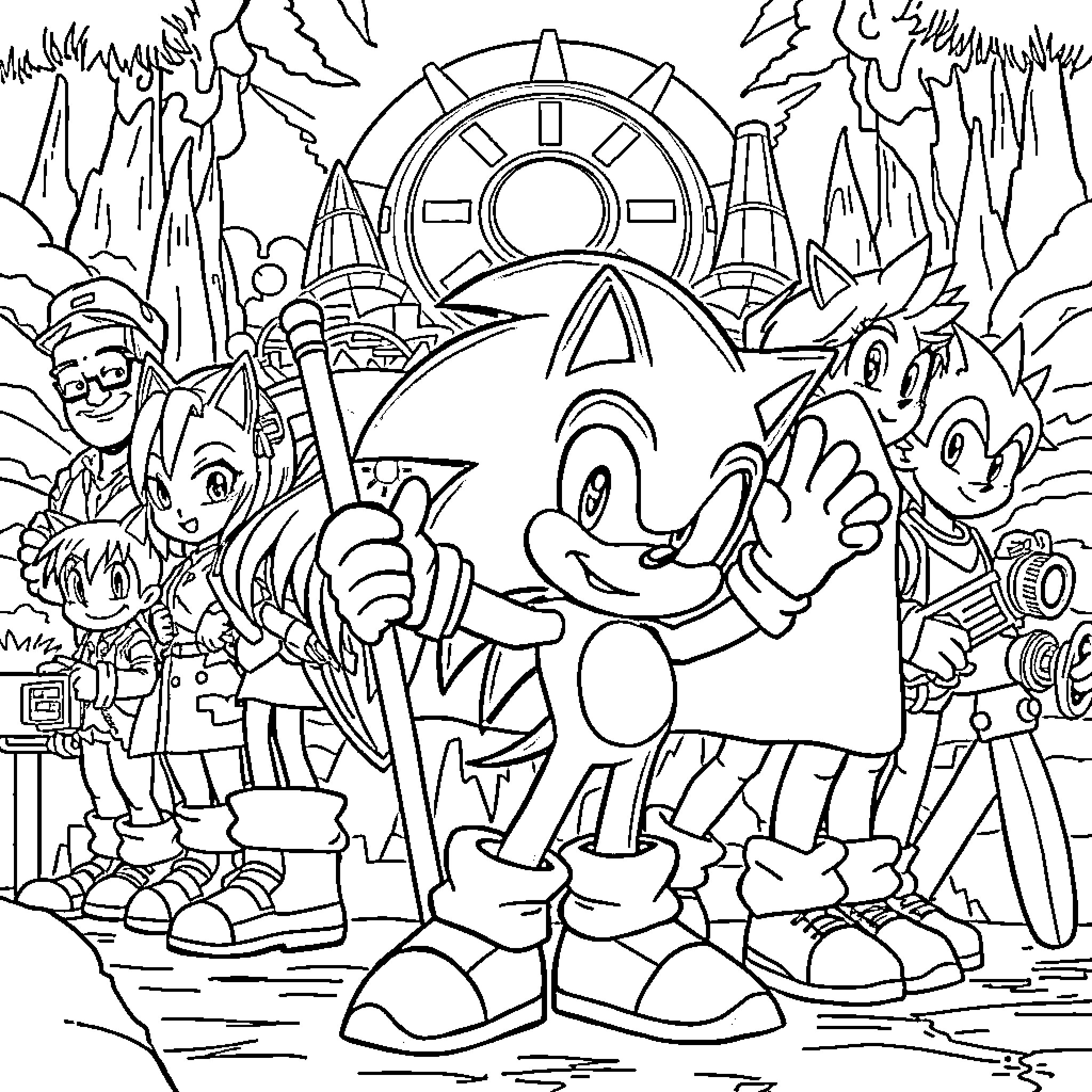 Sonic and friends in an adventure-filled scene Coloring Page (free black-and-white line drawing printable PDF for all, from beginners to advanced learners, including children, teens, adults, and seniors)