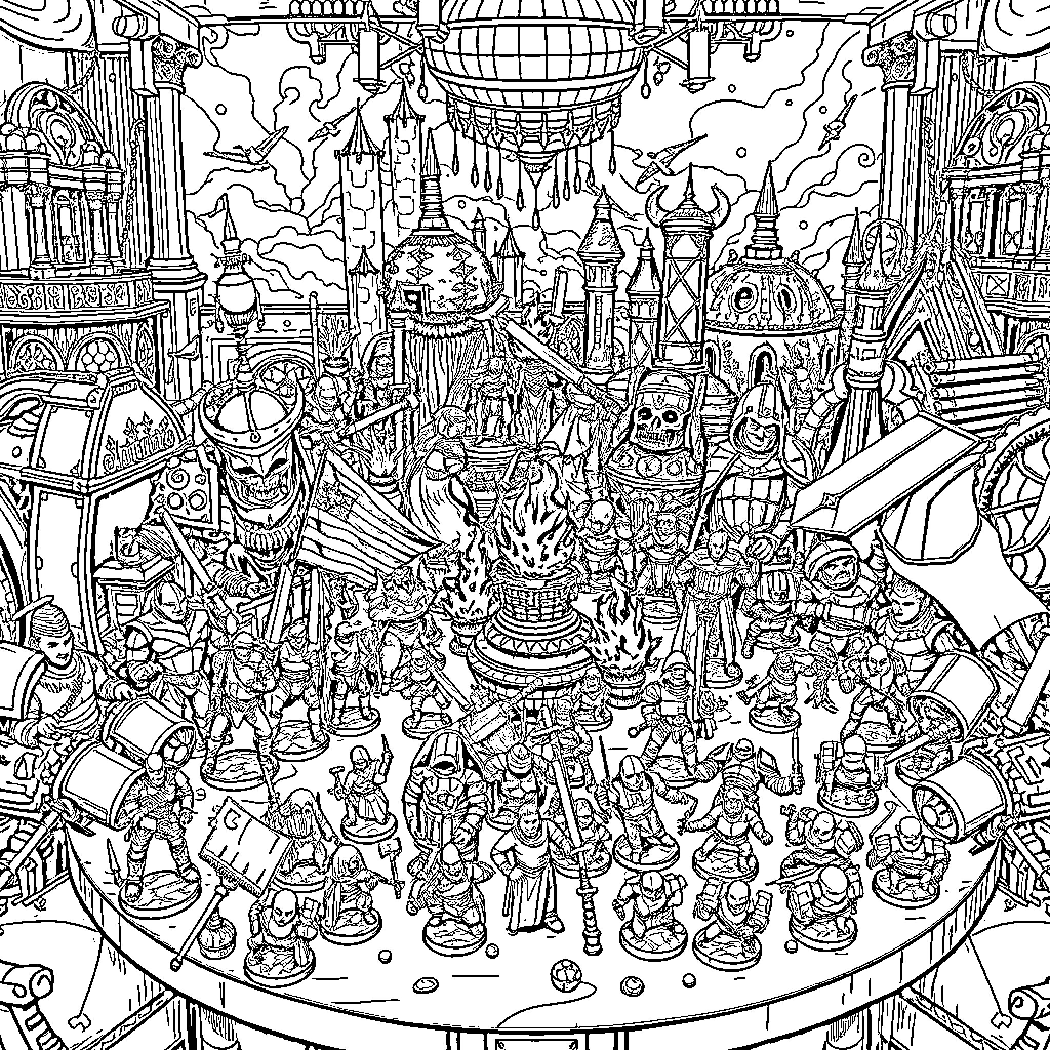 Warhammer: Fantastical Realm of Chaos and Intrigue Coloring Page (free black-and-white line drawing printable PDF for all, from beginners to advanced learners, including children, teens, adults, and seniors)