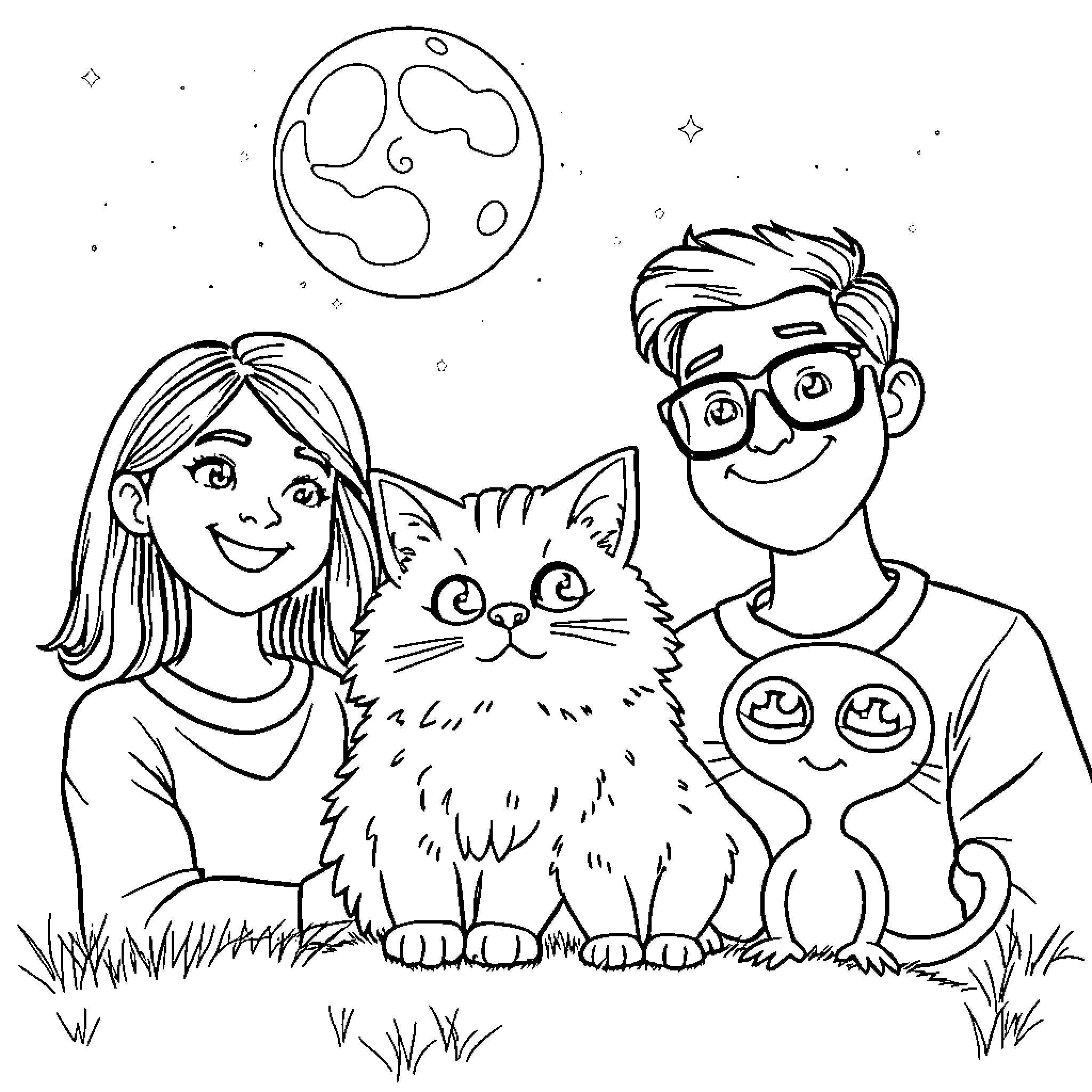 Cat with family enjoying the night sky Coloring Page (free black-and-white line drawing printable PDF for all, from beginners to advanced learners, including children, teens, adults, and seniors)