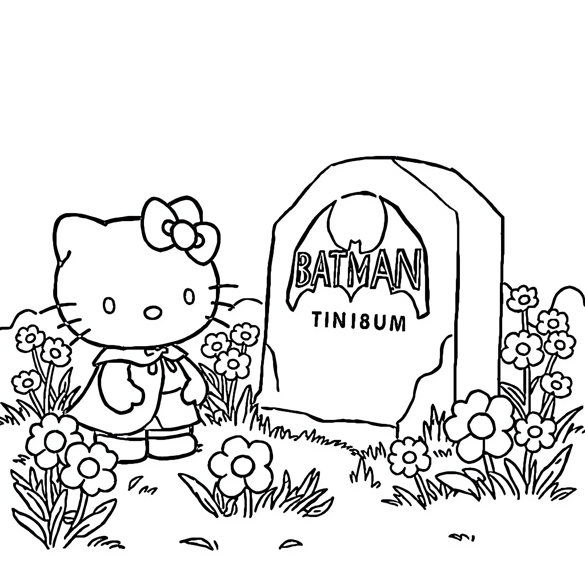 Hello Kitty visits Batman's Tinibum Coloring Page (free black-and-white line drawing printable PDF for all, from beginners to advanced learners, including children, teens, adults, and seniors)