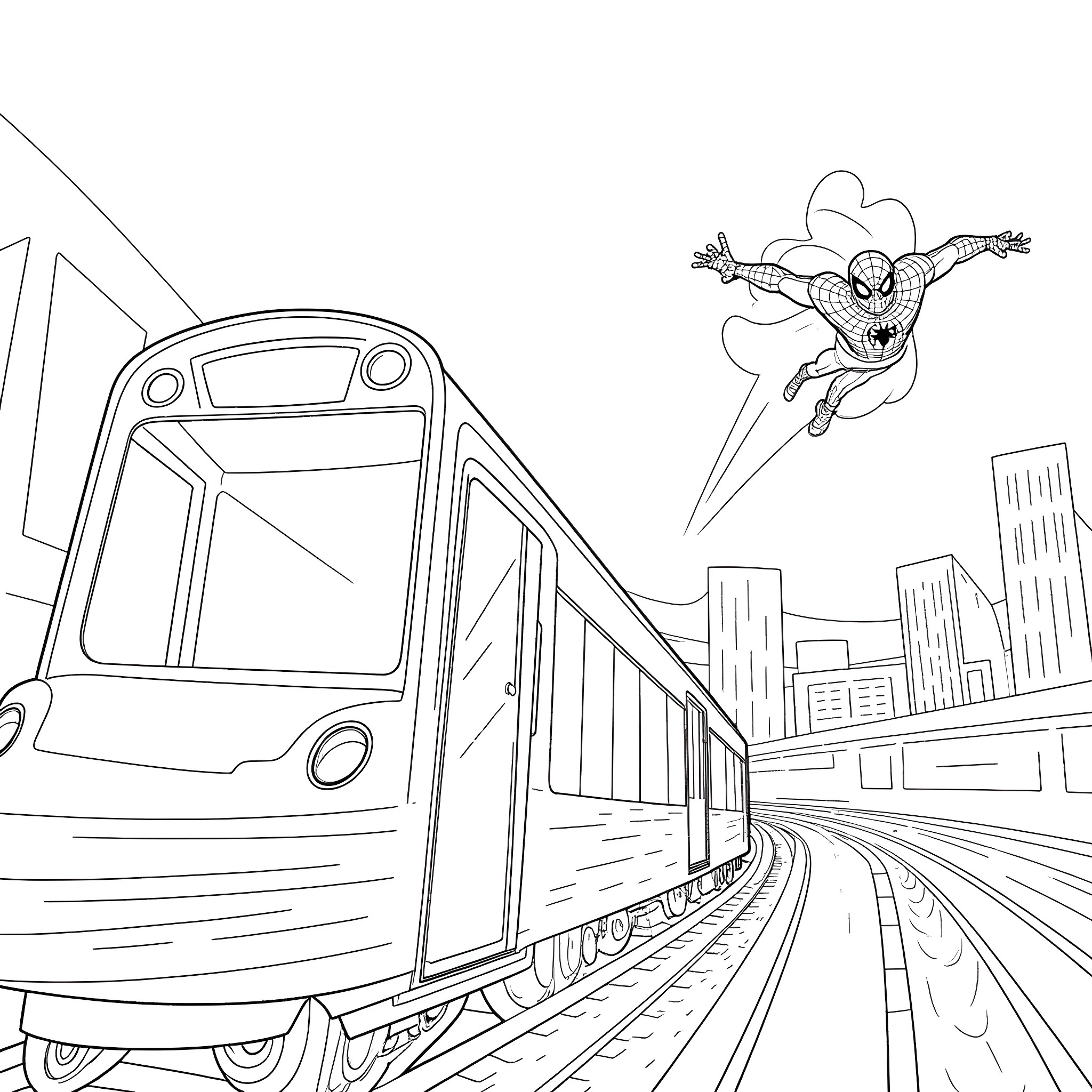 Spider-Man swinging past a city train Coloring Page (free black-and-white line drawing printable PDF for all, from beginners to advanced learners, including children, teens, adults, and seniors)