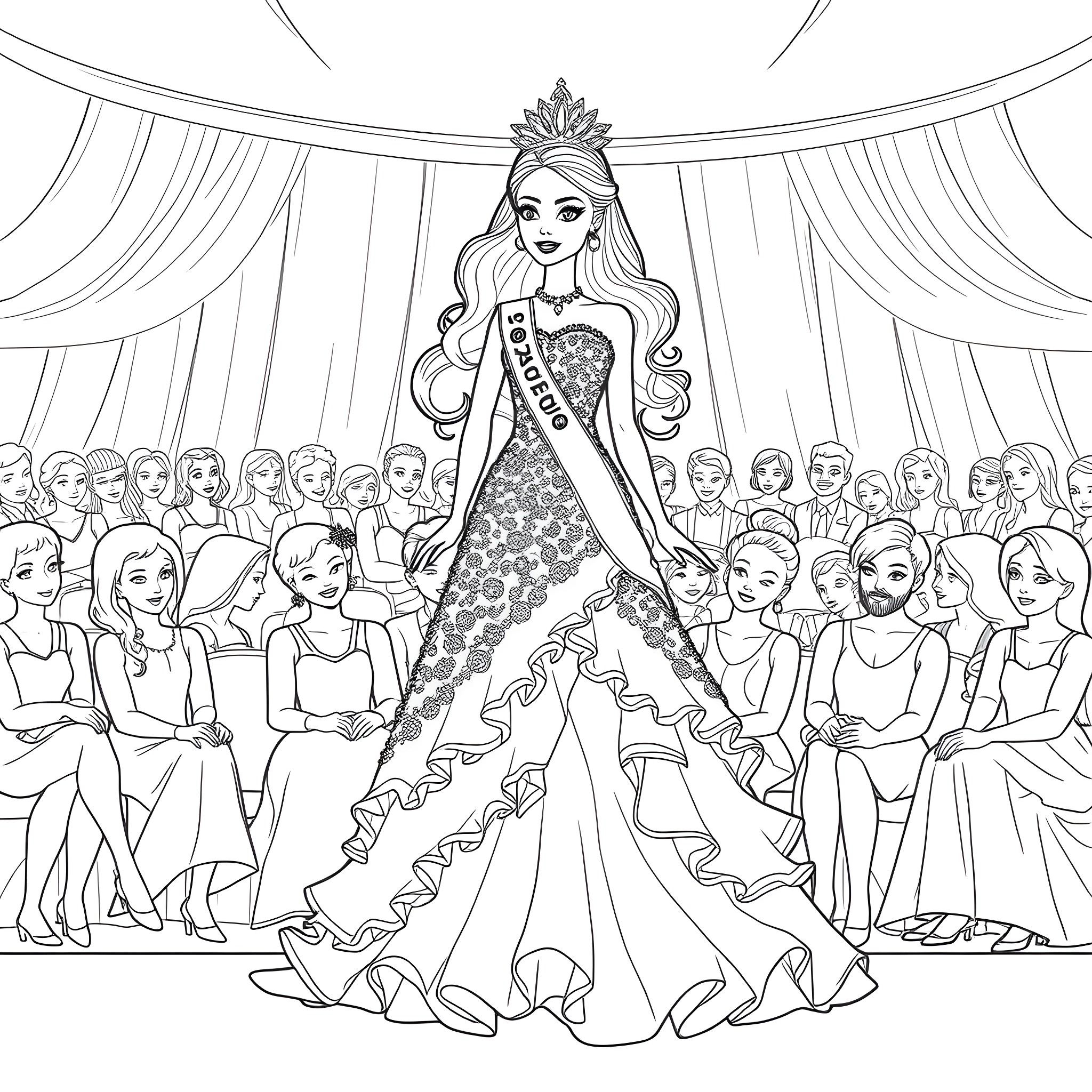 Barbie in a glamorous pageant gown surrounded by an audience Coloring Page (free black-and-white line drawing printable PDF for all, from beginners to advanced learners, including children, teens, adults, and seniors)