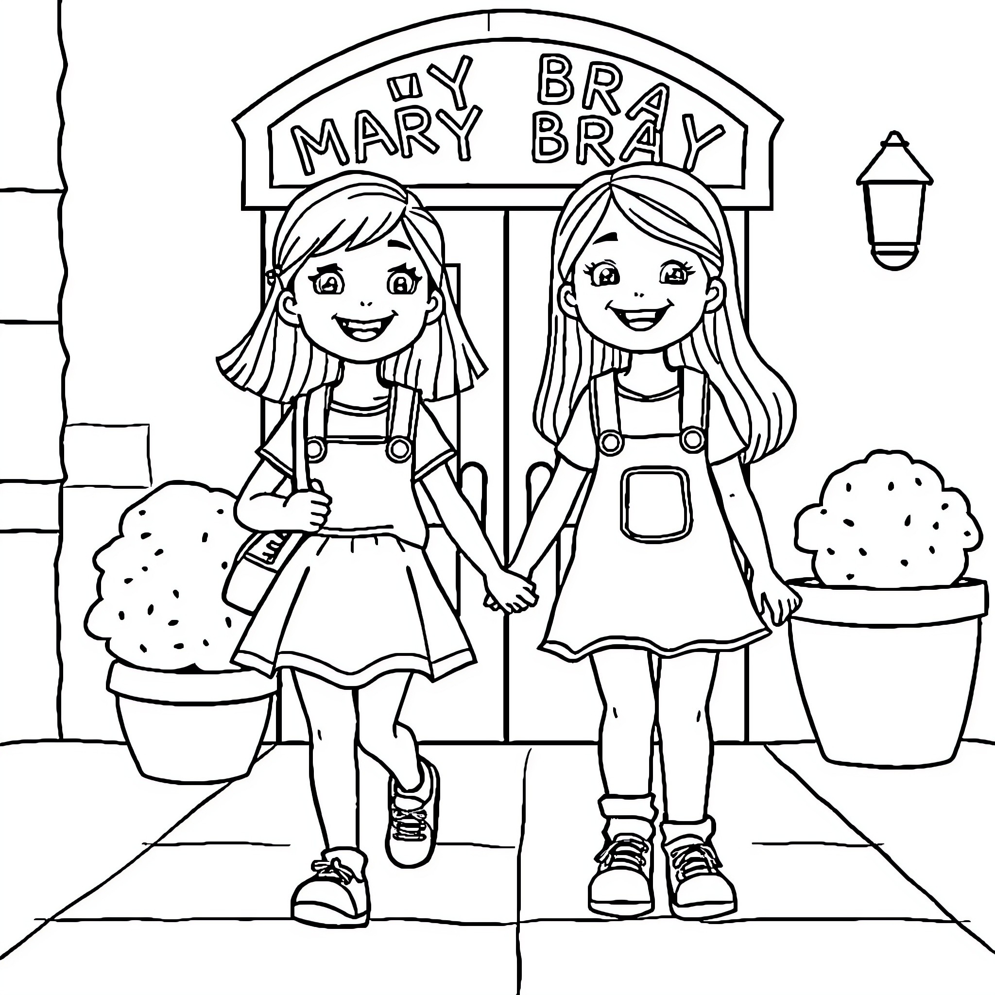 Kids playing together at the Mary Bray Bray store Coloring Page (free black-and-white line drawing printable PDF for all, from beginners to advanced learners, including children, teens, adults, and seniors)