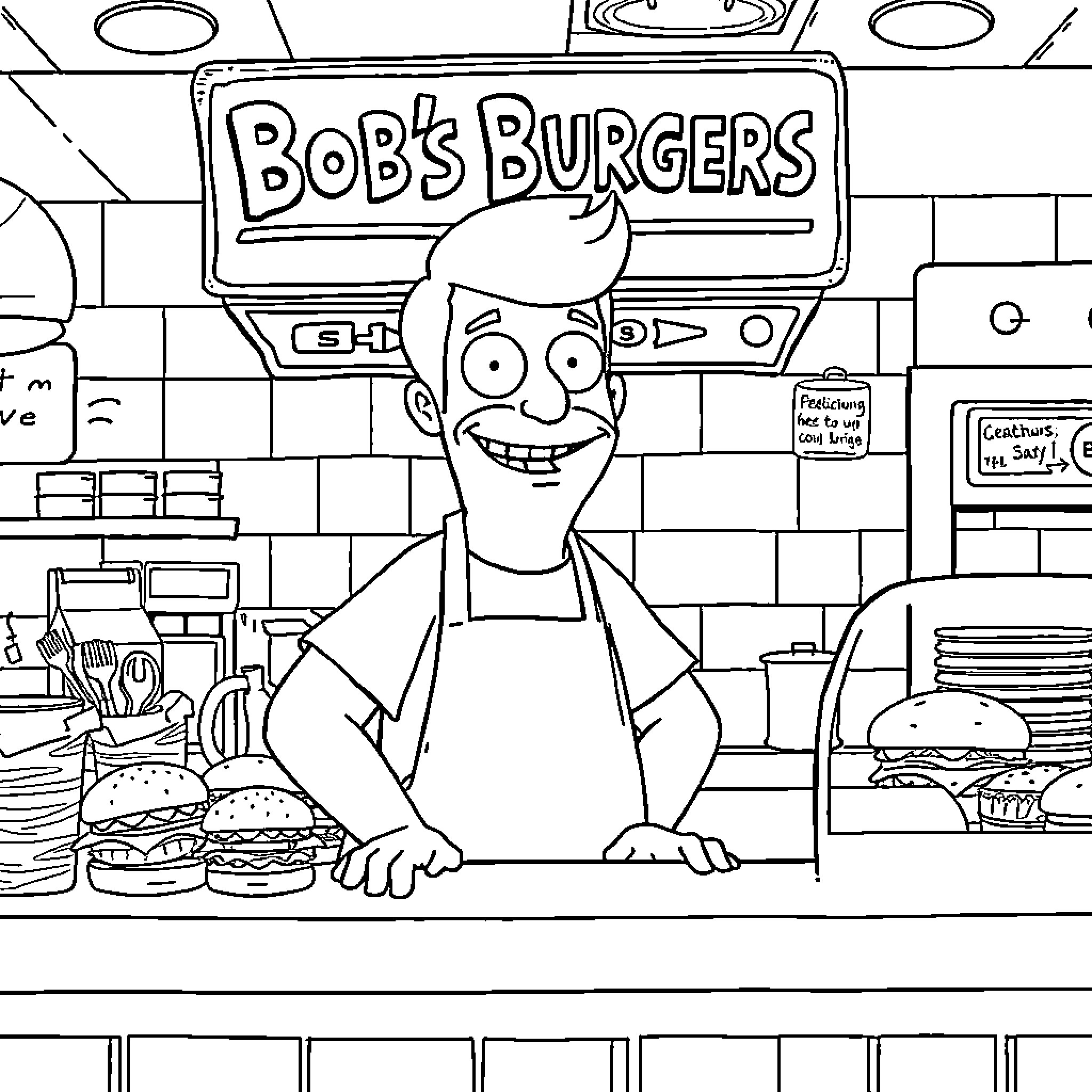 Bob Belcher working enthusiastically in his burger restaurant Coloring Page (free black-and-white line drawing printable PDF for all, from beginners to advanced learners, including children, teens, adults, and seniors)