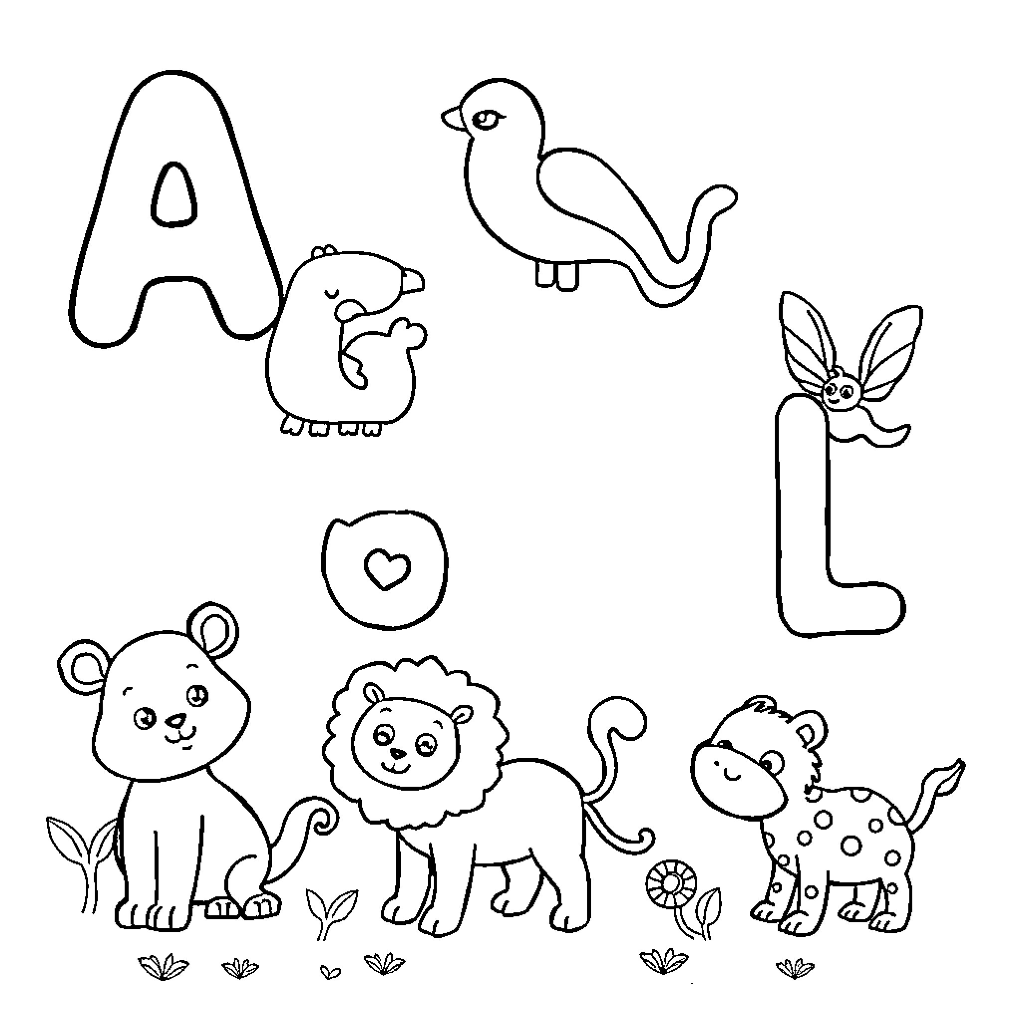 Alphabet animals and nature elements sketch Coloring Page (free black-and-white line drawing printable PDF for all, from beginners to advanced learners, including children, teens, adults, and seniors)