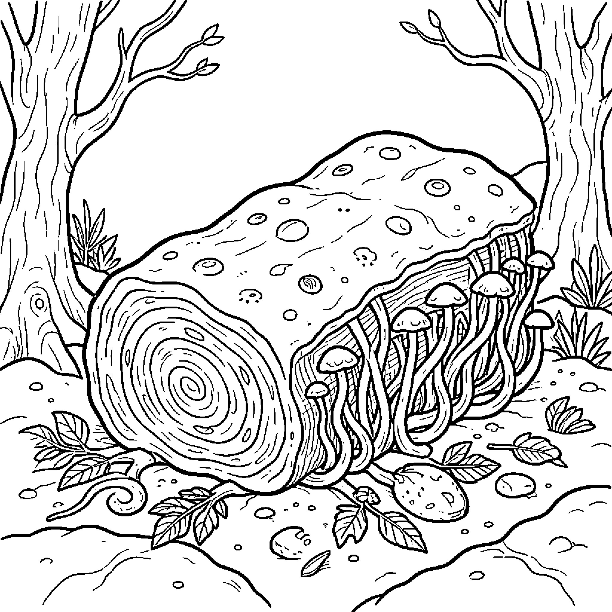 Mycelium in the Enchanted Forest Coloring Page (free black-and-white line drawing printable PDF for all, from beginners to advanced learners, including children, teens, adults, and seniors)