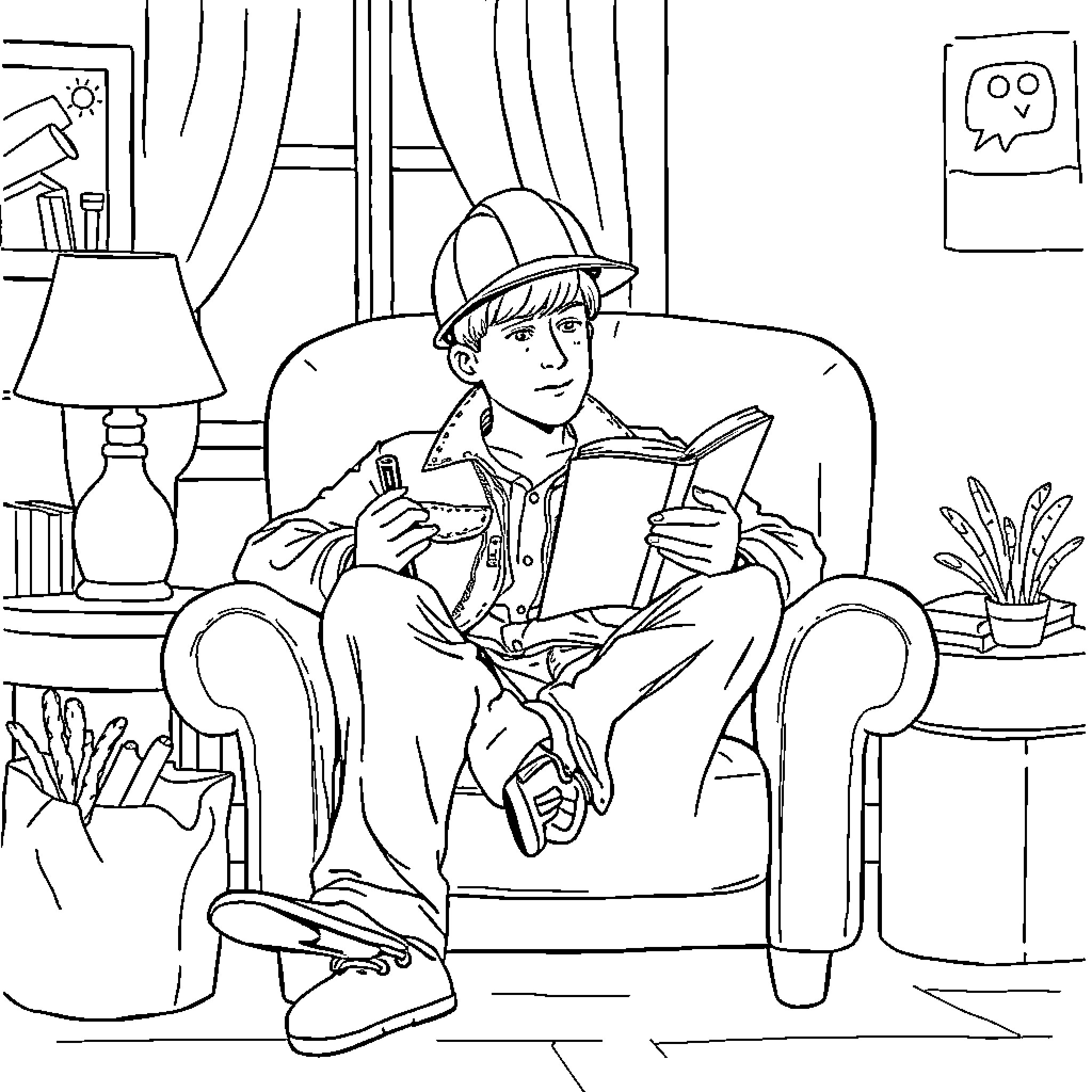 Person reading book in a cozy home setting Coloring Page (free black-and-white line drawing printable PDF for all, from beginners to advanced learners, including children, teens, adults, and seniors)